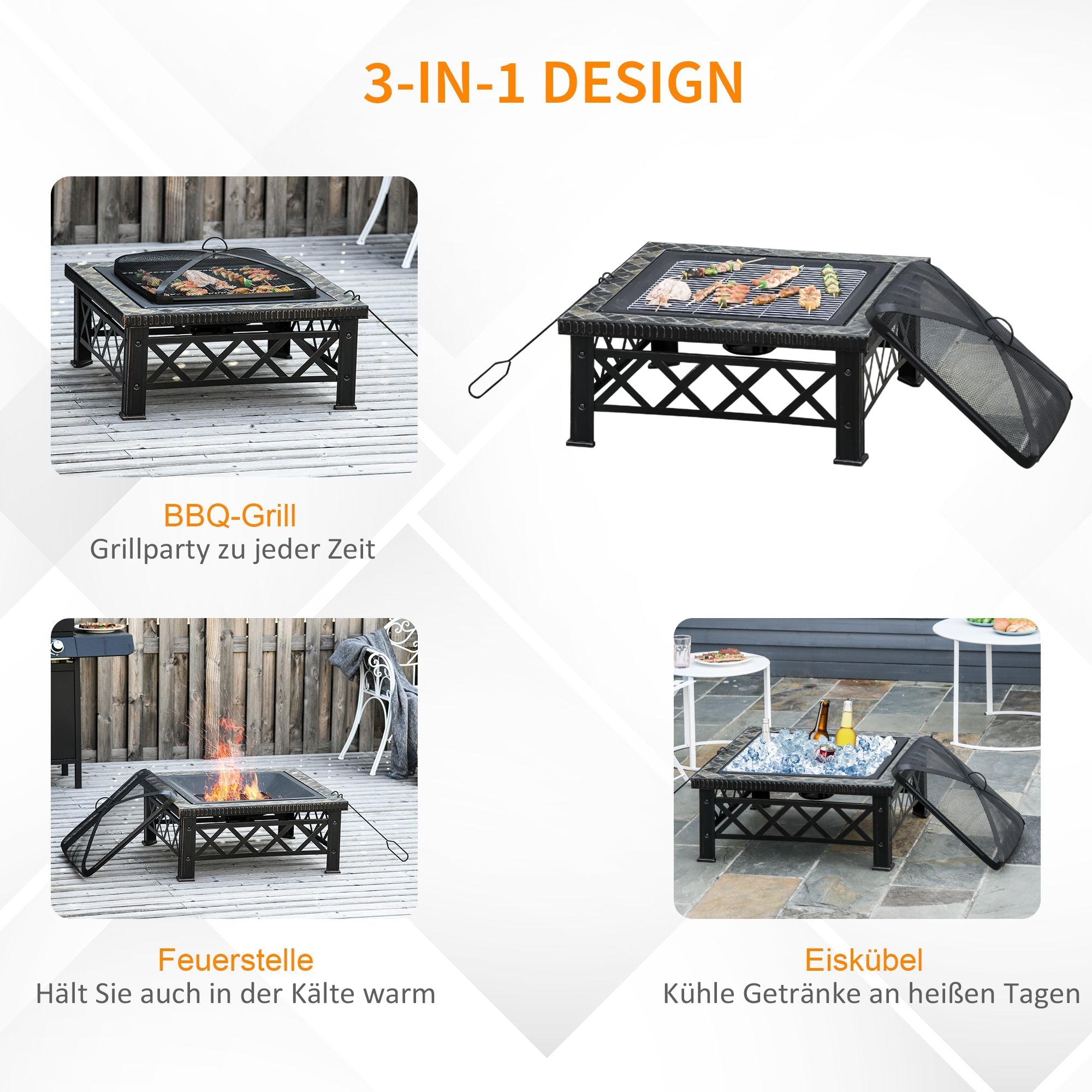 Fire Bowl 3-in-1 with Spark Guard & Grill Grate, Black