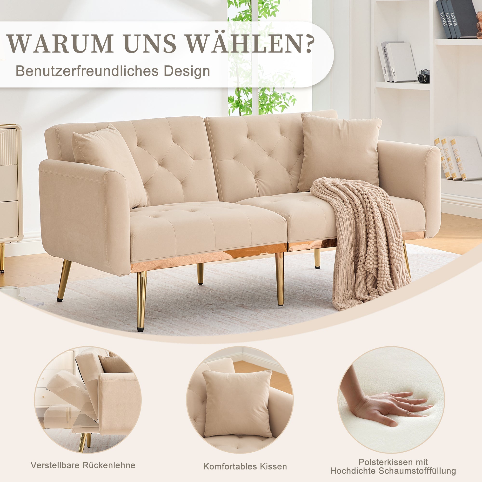 Double Sofa, Modern Velvet Sofa Bed with Adjustable Backrest, Beige