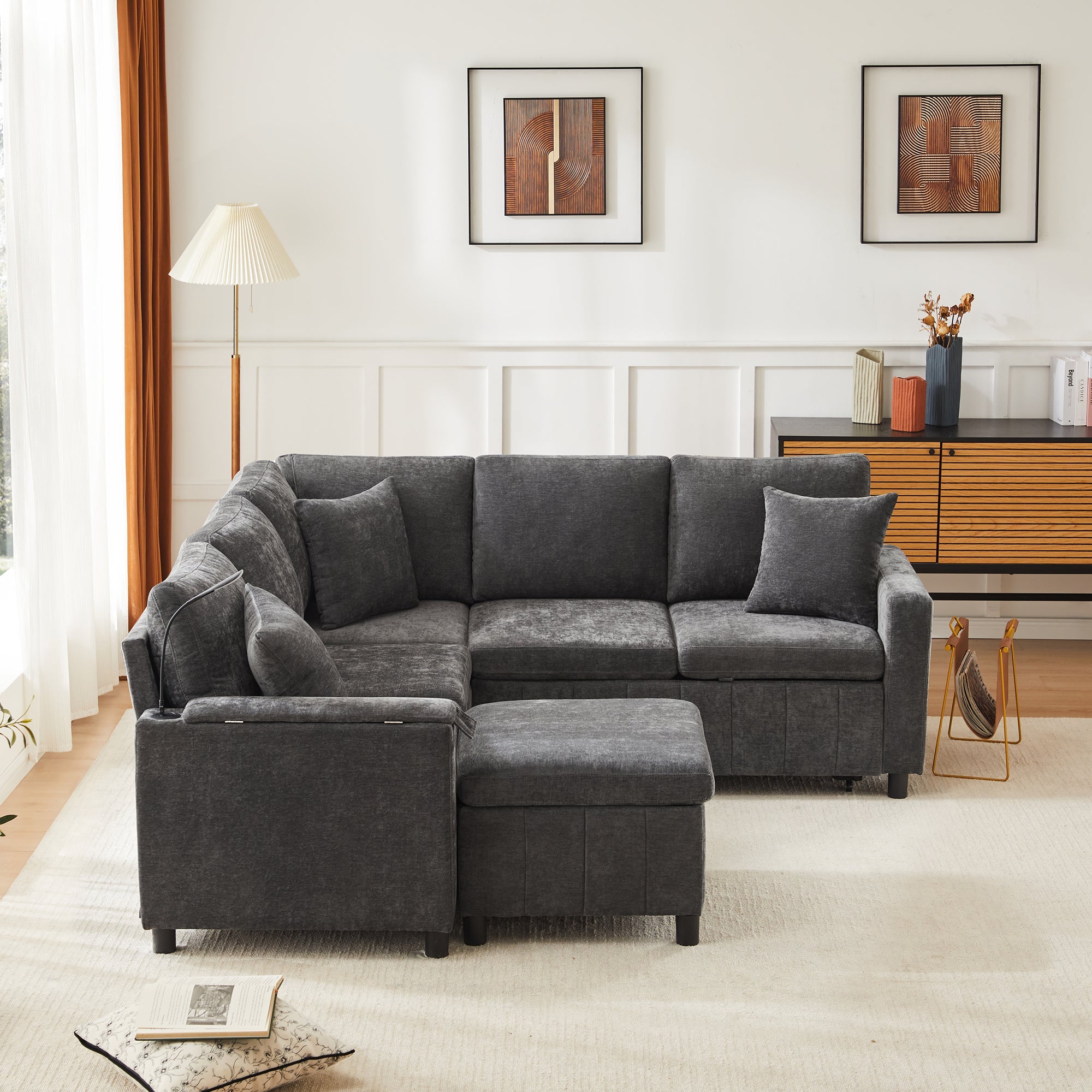 Chenille Corner Sofa Bed with Ottoman, USB Charging and Hidden Table, Grey