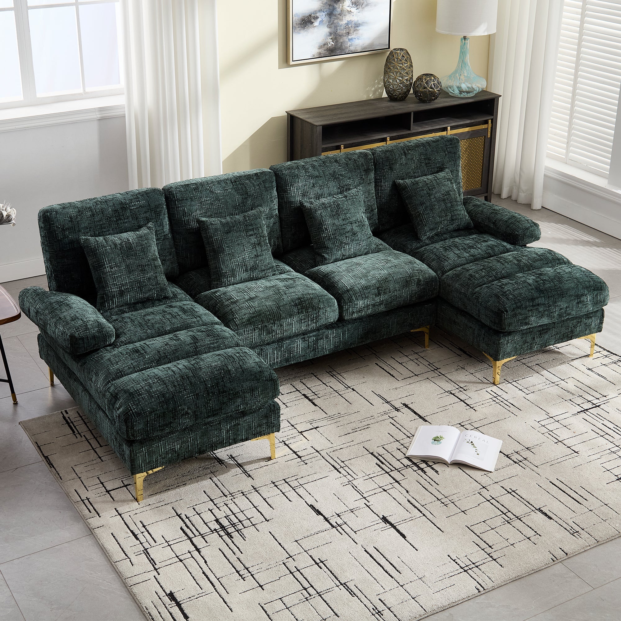 Chenille U-Shape Sectional Sofa, Large with Double Reclining Seats, Emerald