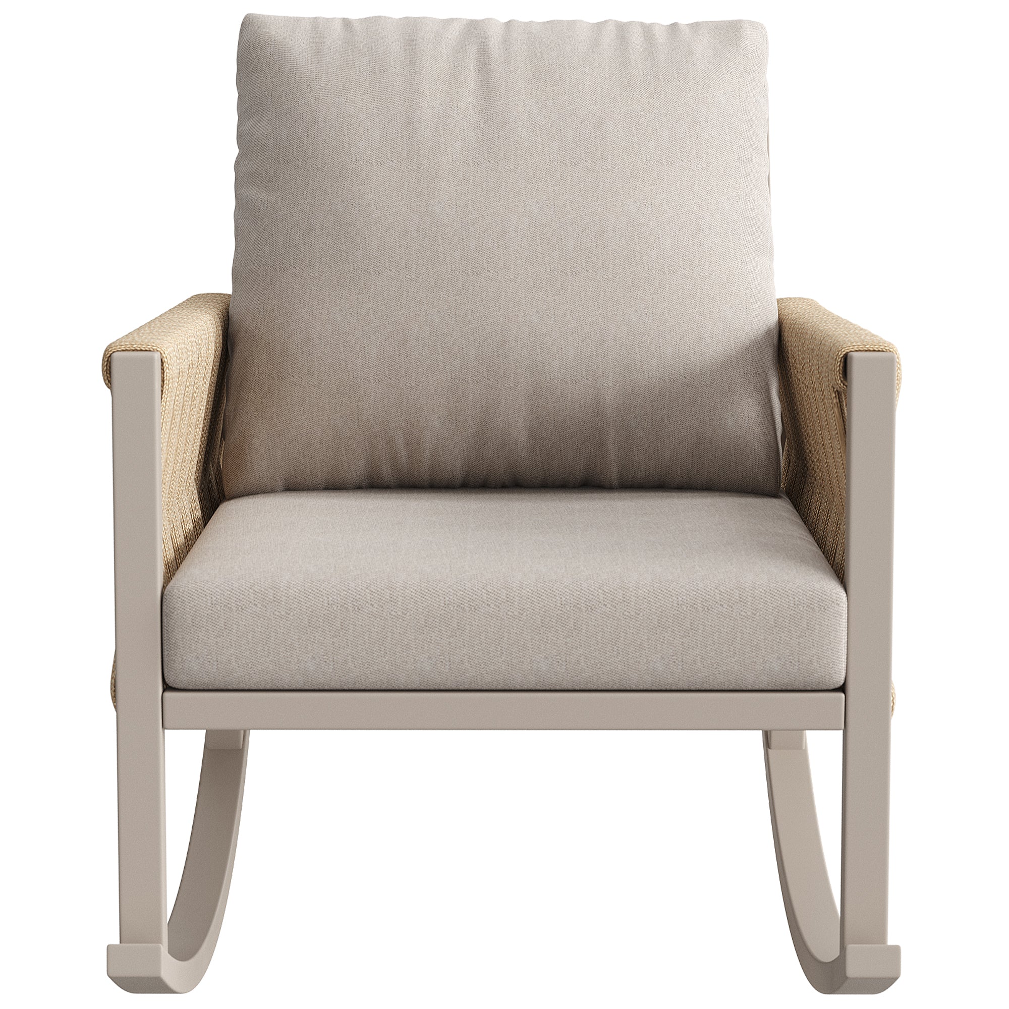 Outdoor Rocking Chair with Cross-Rope Weaving and Cushions, Weatherproof Metal Frame