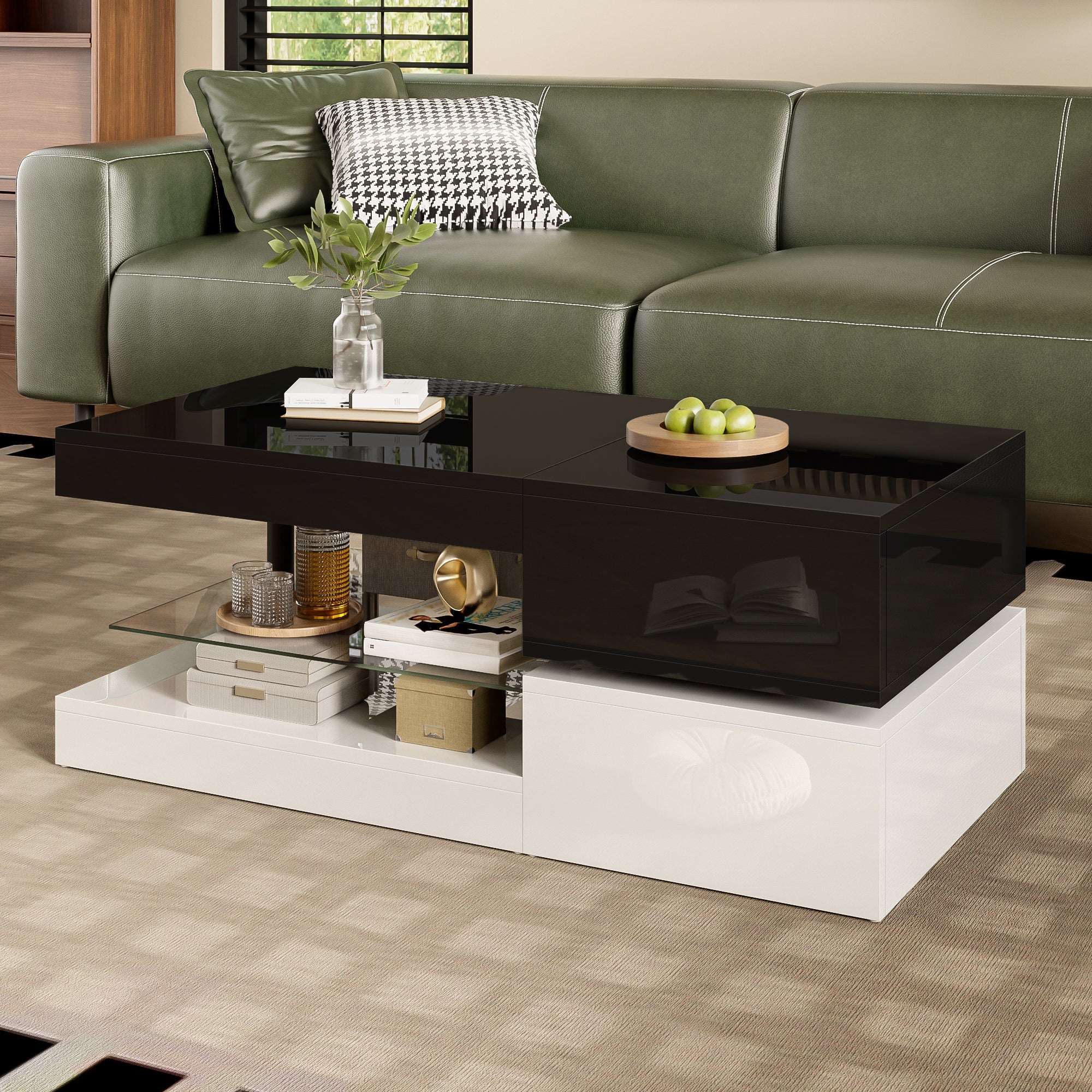Coffee Table with LED Lighting, Bluetooth, Glass Shelf, Black & White