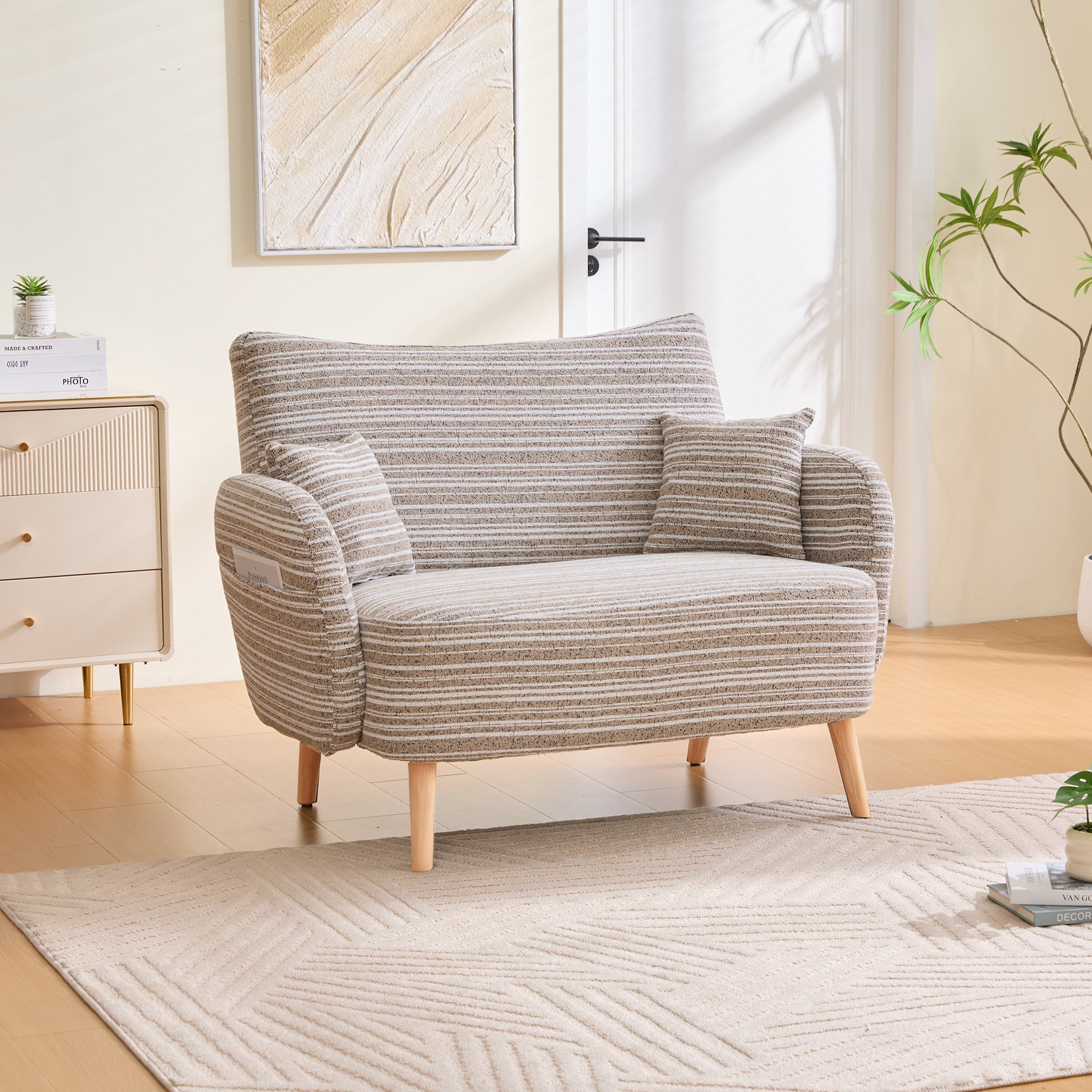 Modern Two-Seater Sofa with Armrest Cushions and Storage Bag, Loop Fabric