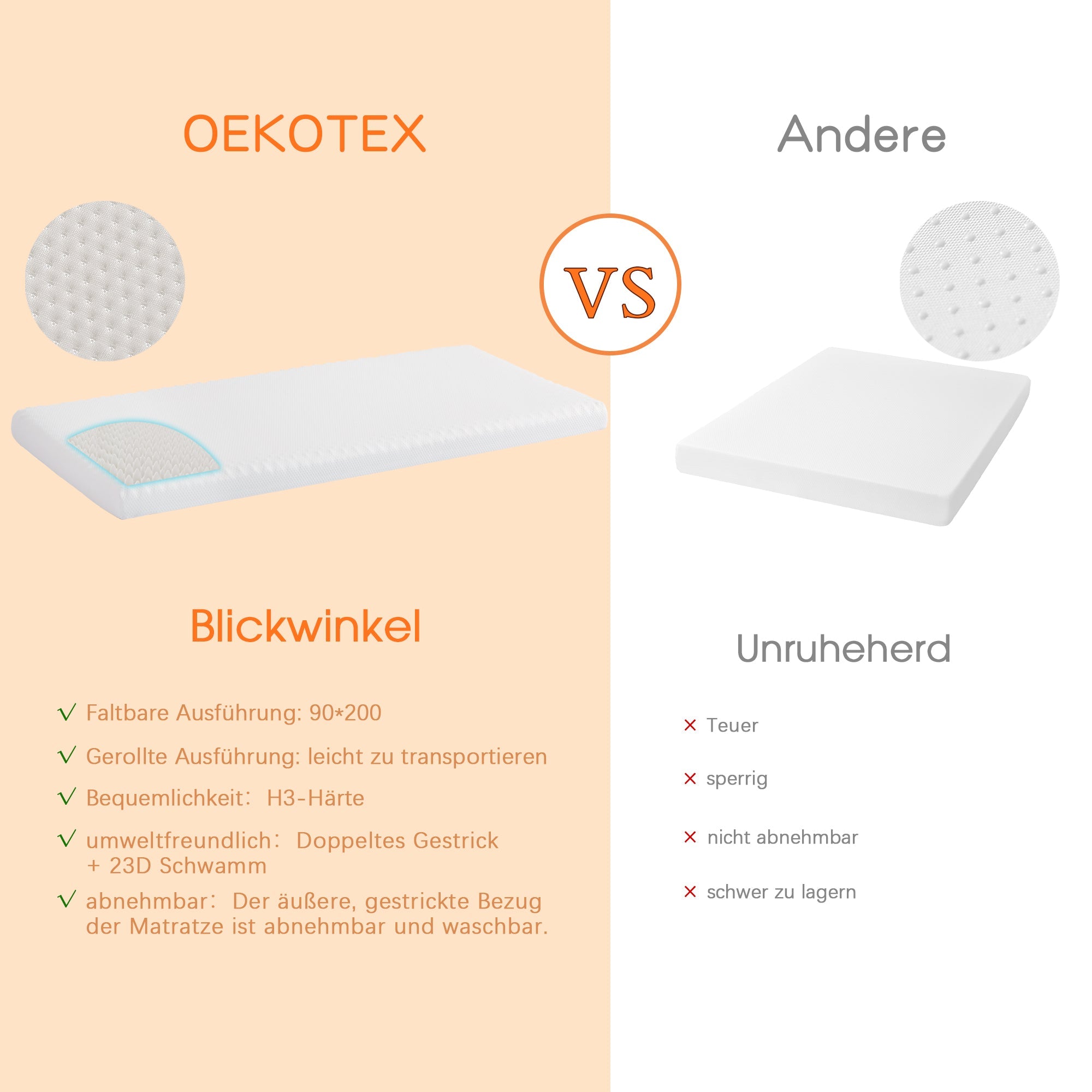 Mattress Honeycomb Bamboo Charcoal Sponge H3 90x200cm, White/Grey Fabric