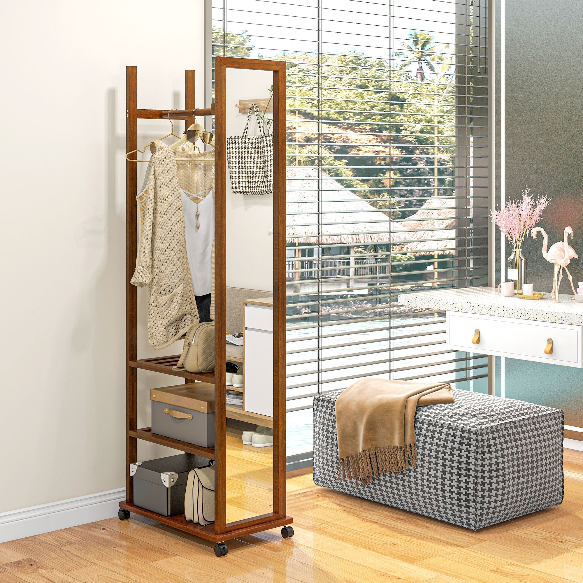 Standing Mirror with Wheels, 3 Levels Clothes Rail, Walnut