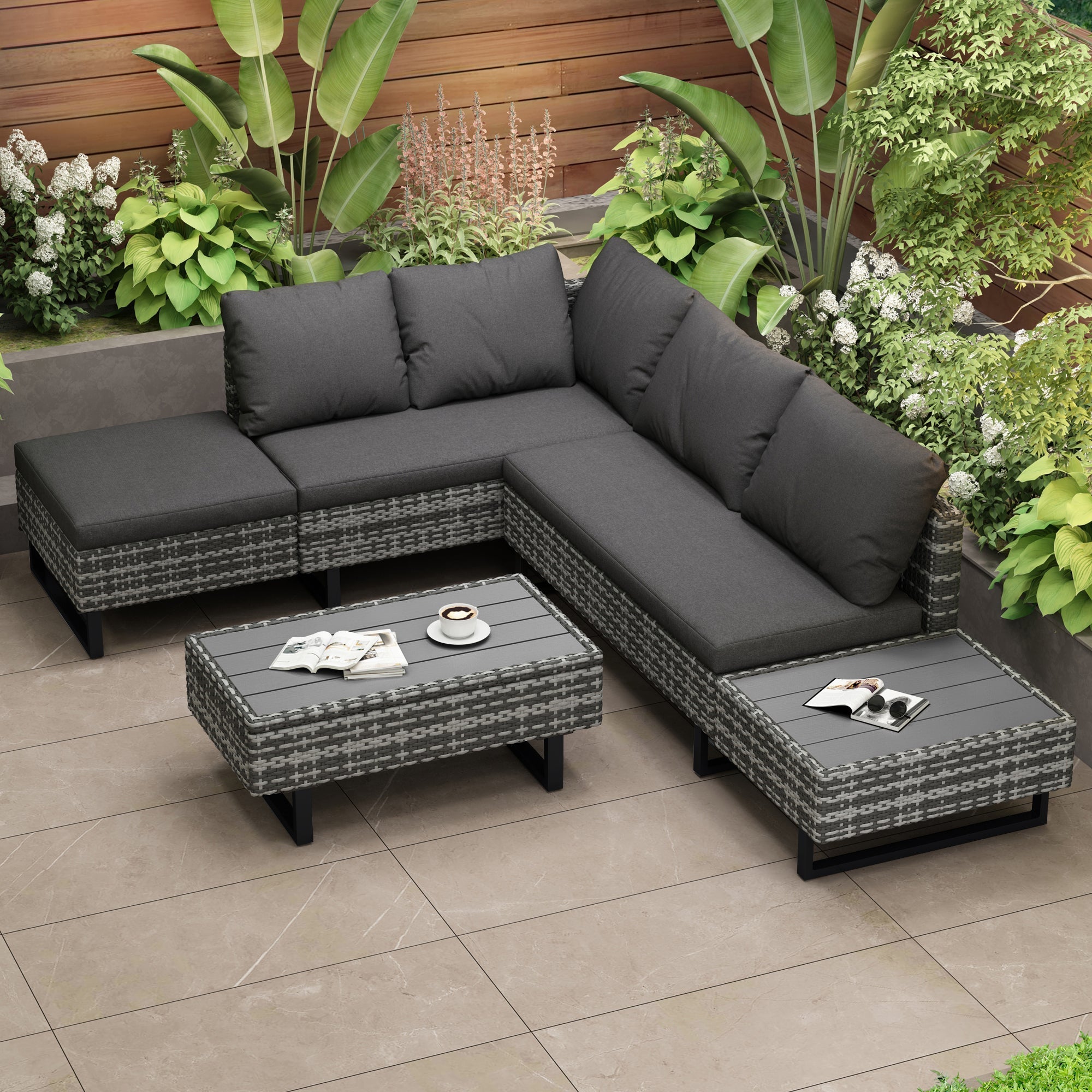 Poly Rattan Garden Set, 4-5 Person Corner Sofa Lounge with Table & Cushions, Grey