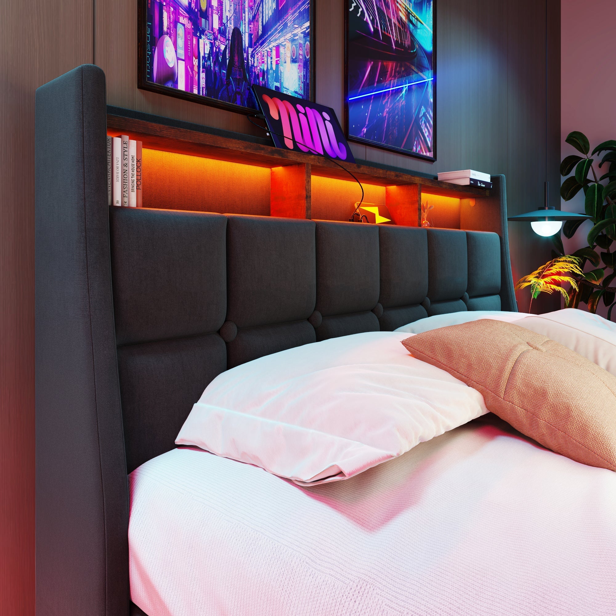 Upholstered Double Bed with LED Lighting, USB-C Charging, Storage Headboard, 6FT Super King Size, Linen, Grey