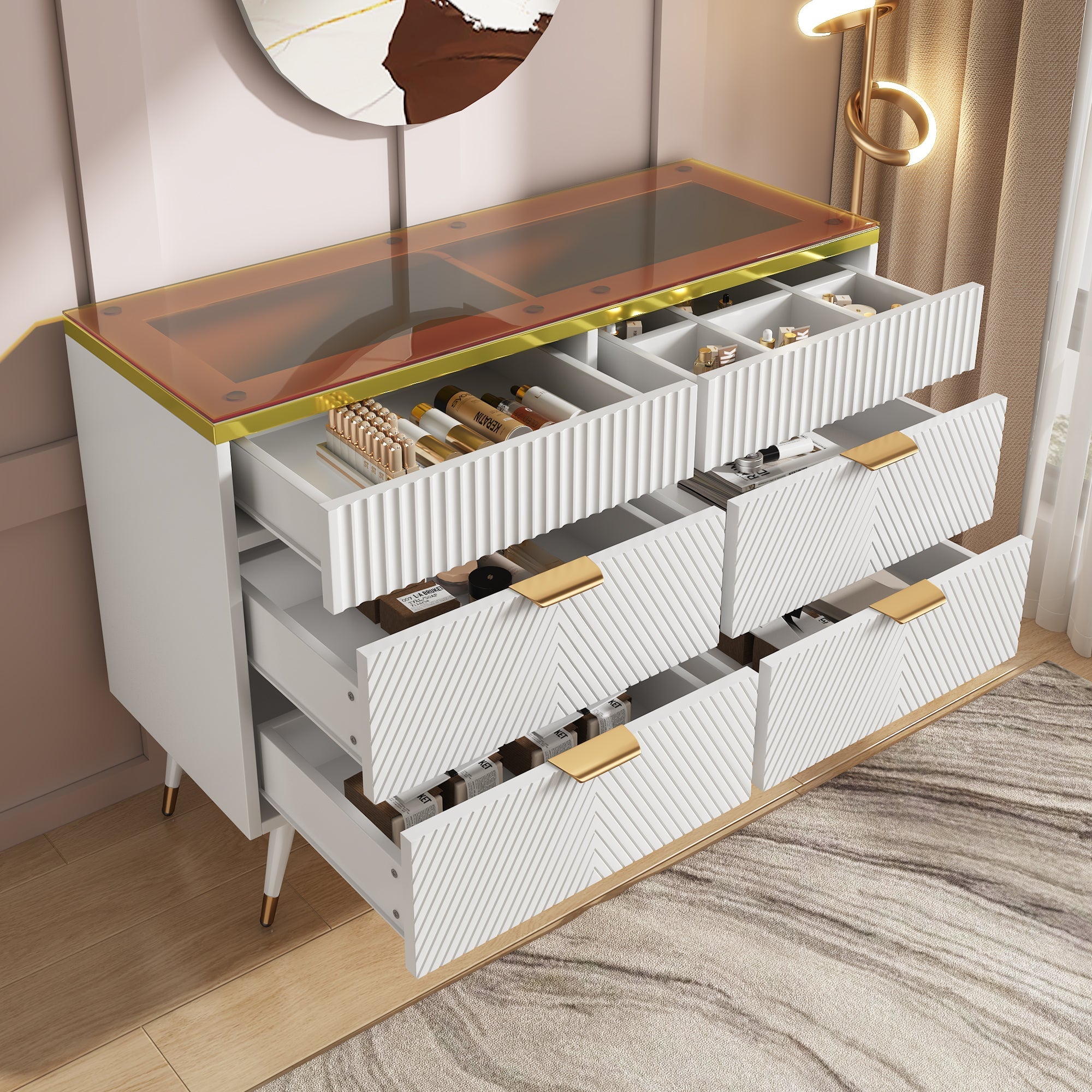 Sideboard, 6-Drawer Amber Glass, White