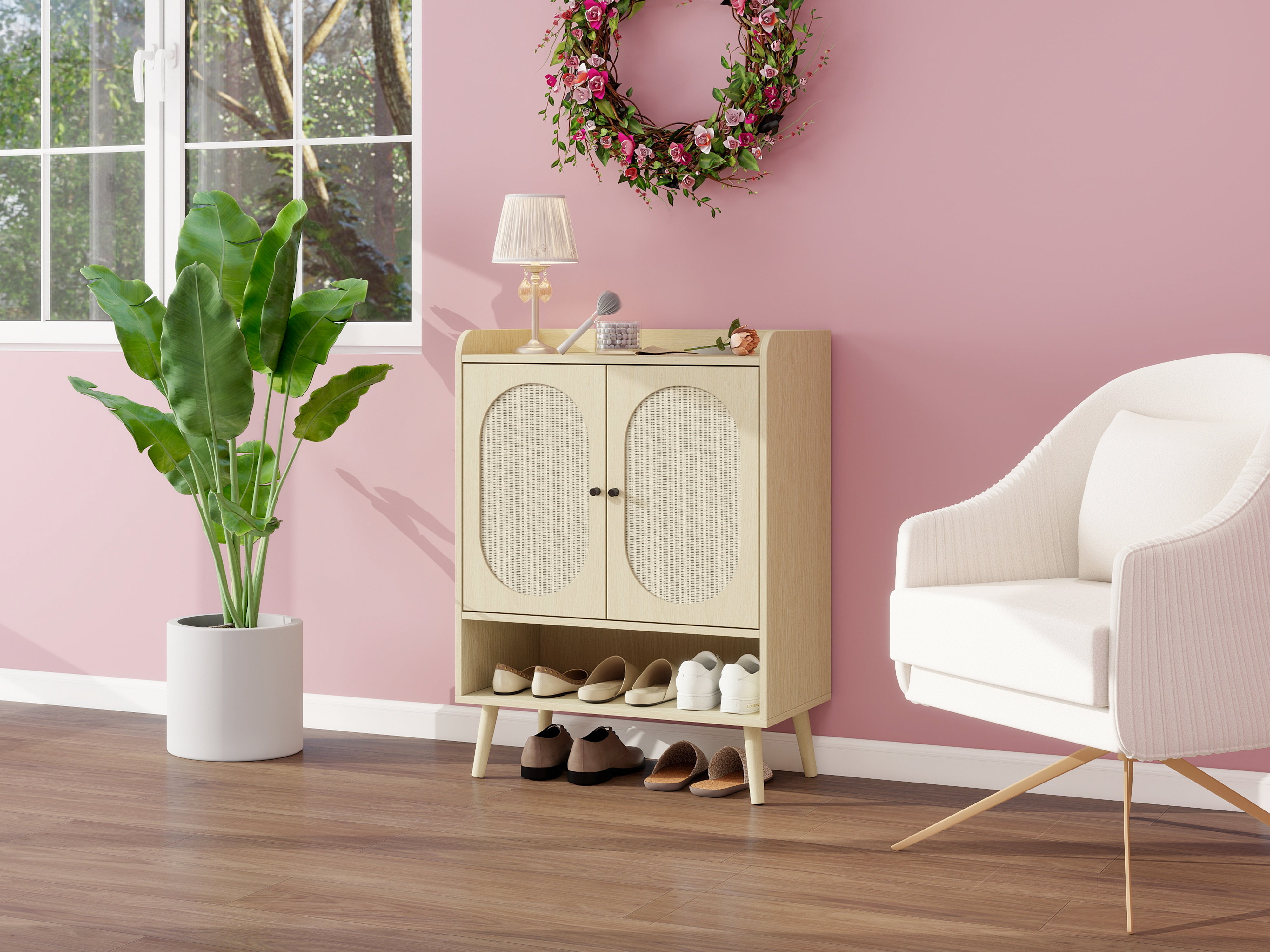 Shoe Cabinet with Double Doors, Storage & Open Shelf, Natural Rattan