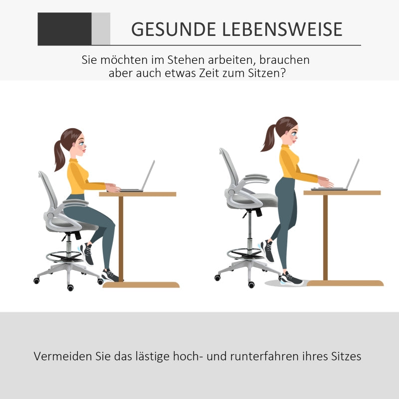 Vinsetto Office Chair, Ergonomic Desk with Folding Armrests, Adjustable Footrest, Swivel, Mesh Light Grey