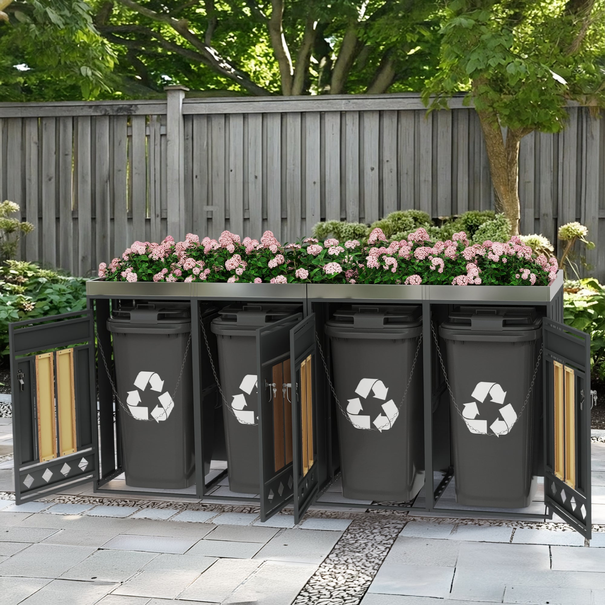 Garbage Can Enclosure with Four Doors, Diamond-Shaped Ventilation and Planting Area, Wood Grain Finish