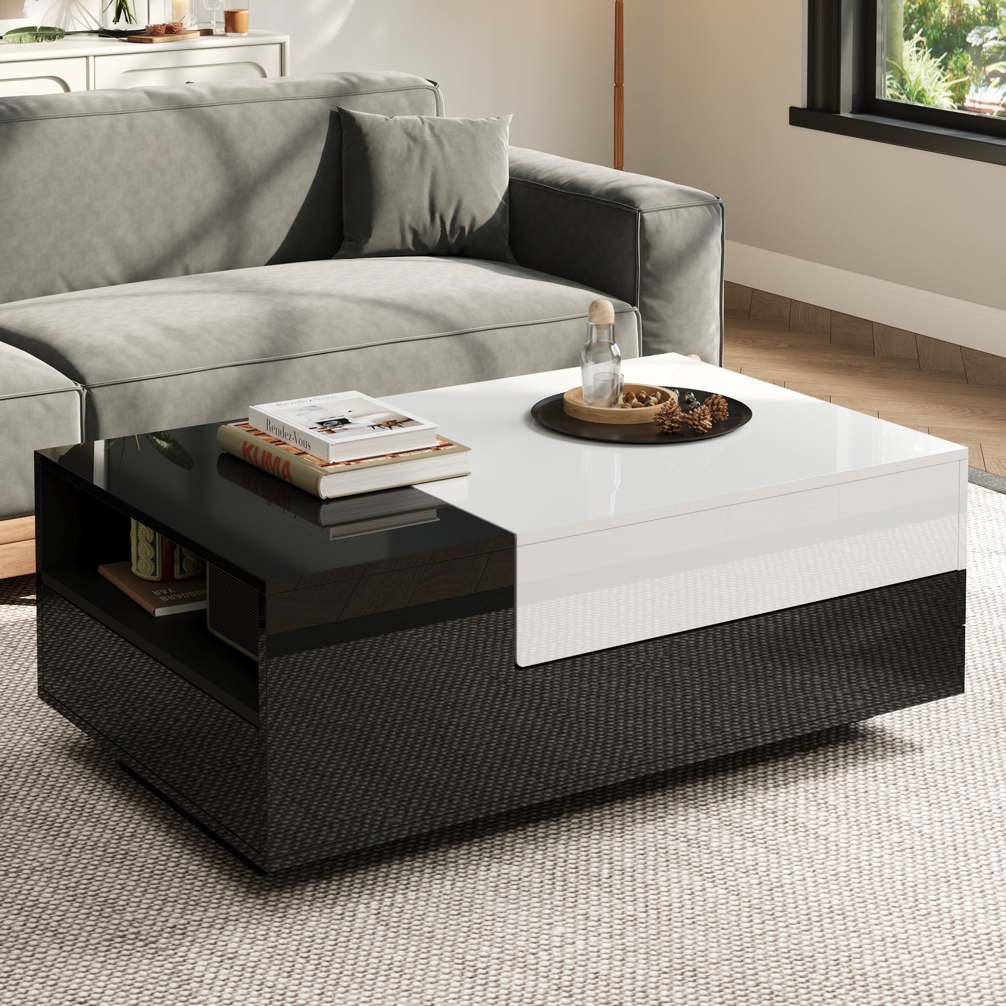 Coffee Table 100x50x38cm, High-Gloss with 1 Drawer & Sliding Top, Black and White Stitching