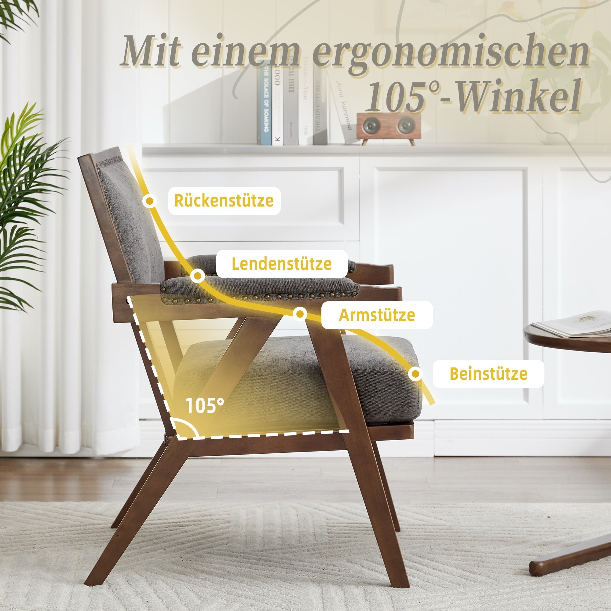 Mid-century Modern Lounge Chair, Single Armchair with Wooden Frame, Fabric