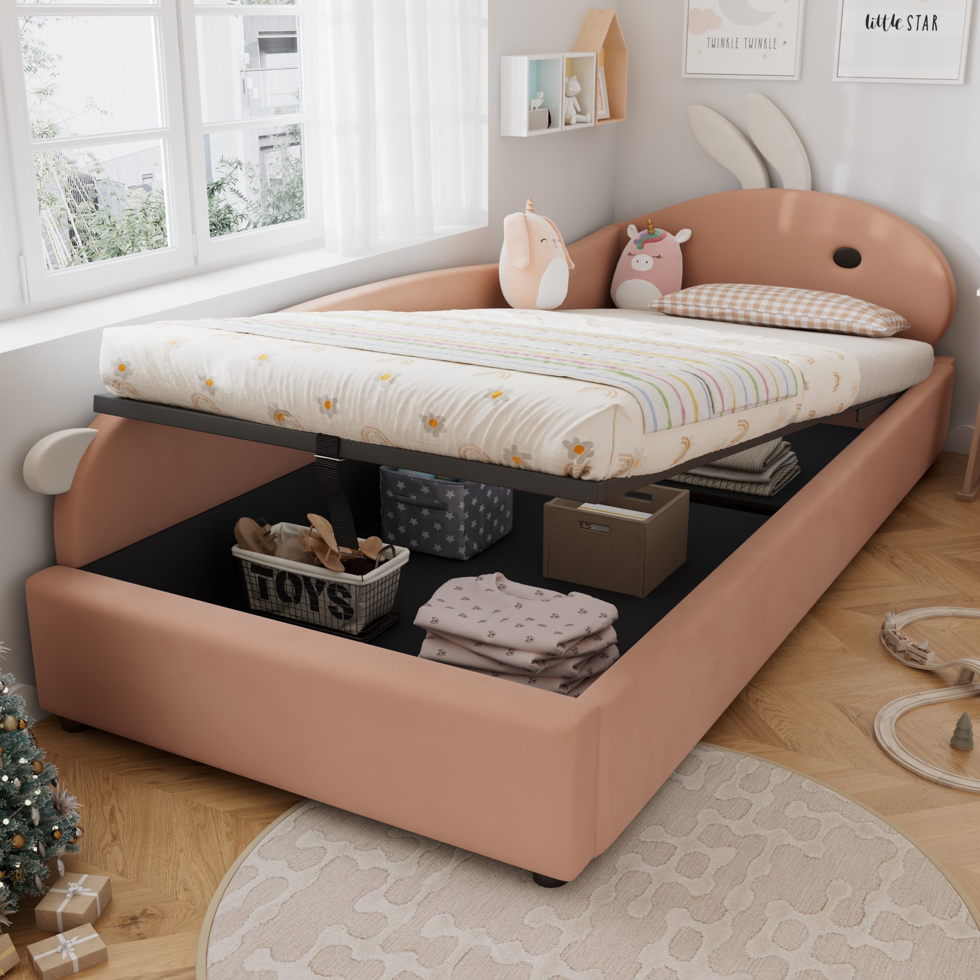 Upholstered Bed, Single Children's Hydraulic with Bunny Headboard, Velvet Pink+White