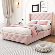 Upholstered Bed 90x200cm with Slatted Frame and Studded Buttoned Headboard, Pink Velvet