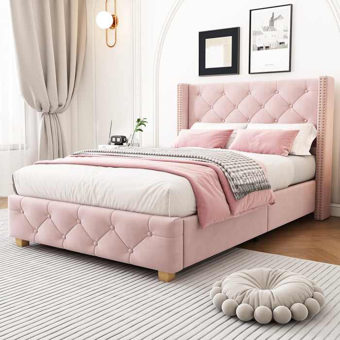 Upholstered Bed 90x200cm with Slatted Frame and Studded Buttoned Headboard, Pink Velvet