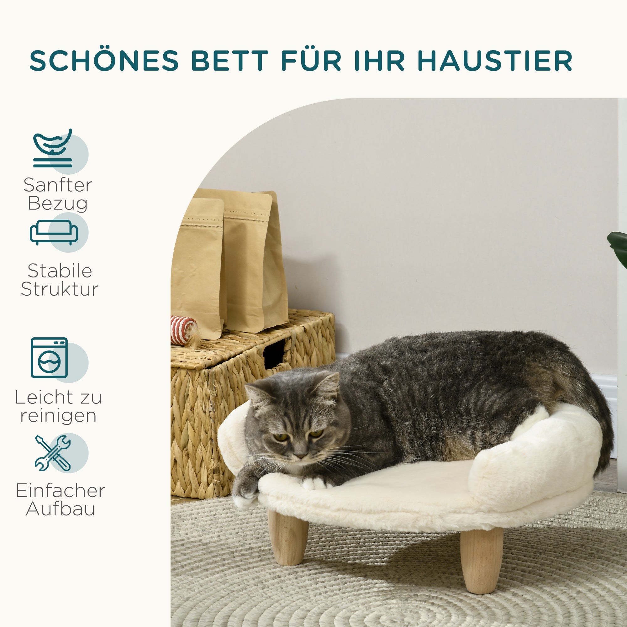 Gemütliches Haustiersofa, erhöhtes Design, Hund Katze, Flanell, Cremefarben