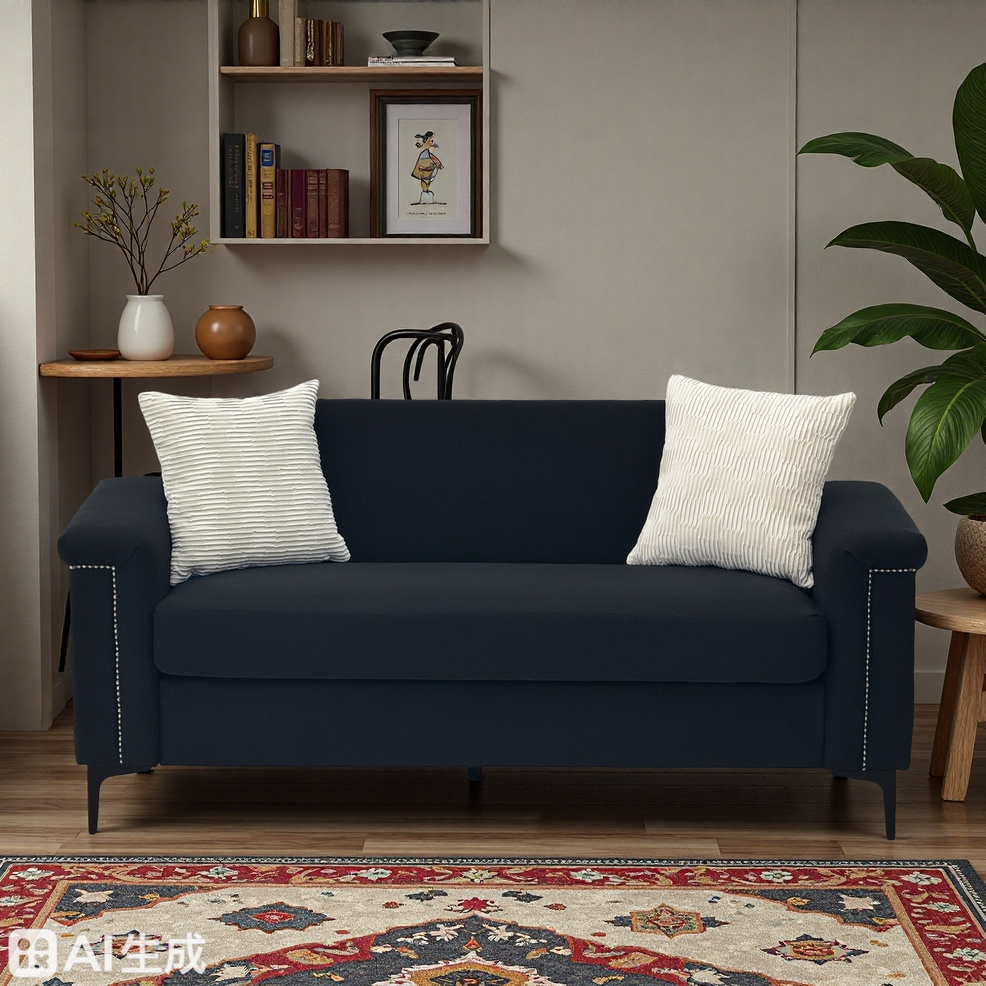 Sofa Set 2-Piece 172cm Space-Saving Metal Legs - Black Fabric