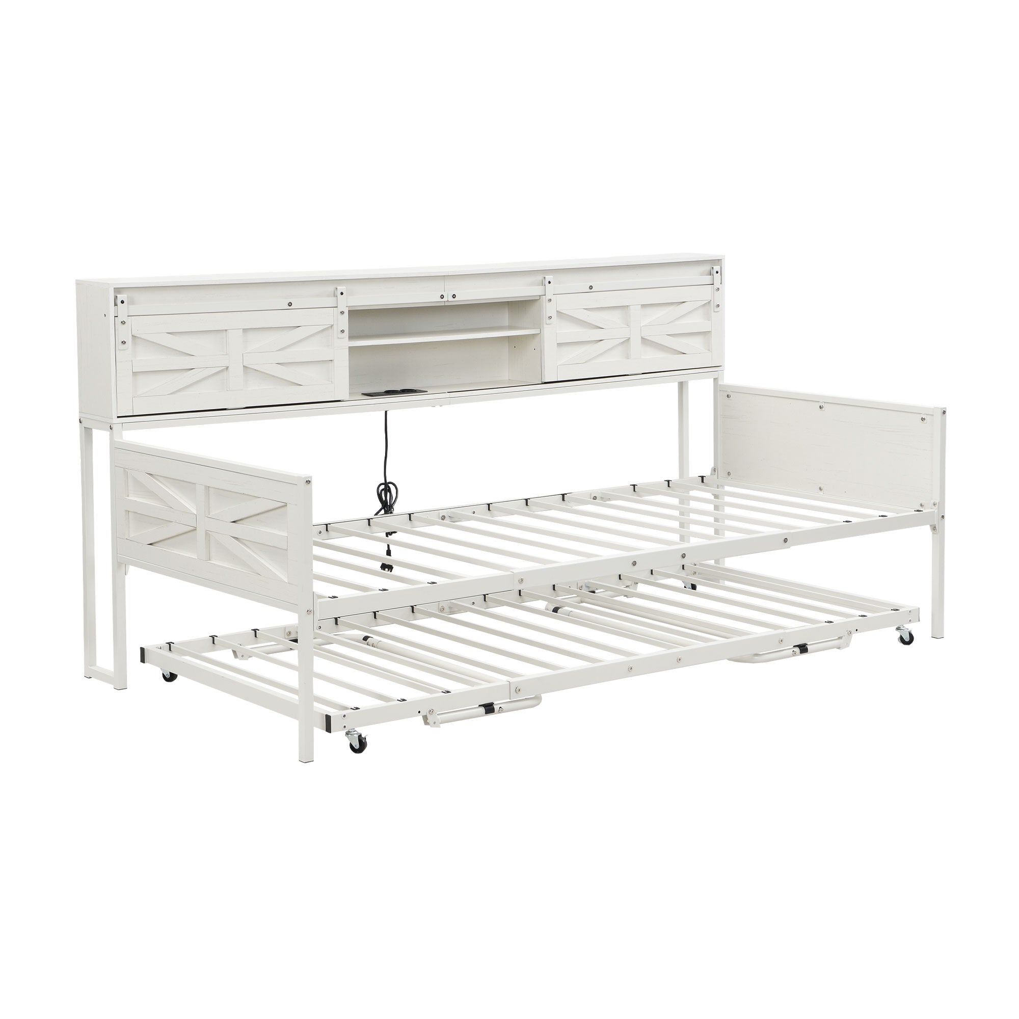 Multifunctional Iron Daybed with Storage Shelves and Pull-out Bed, White/Black Metal