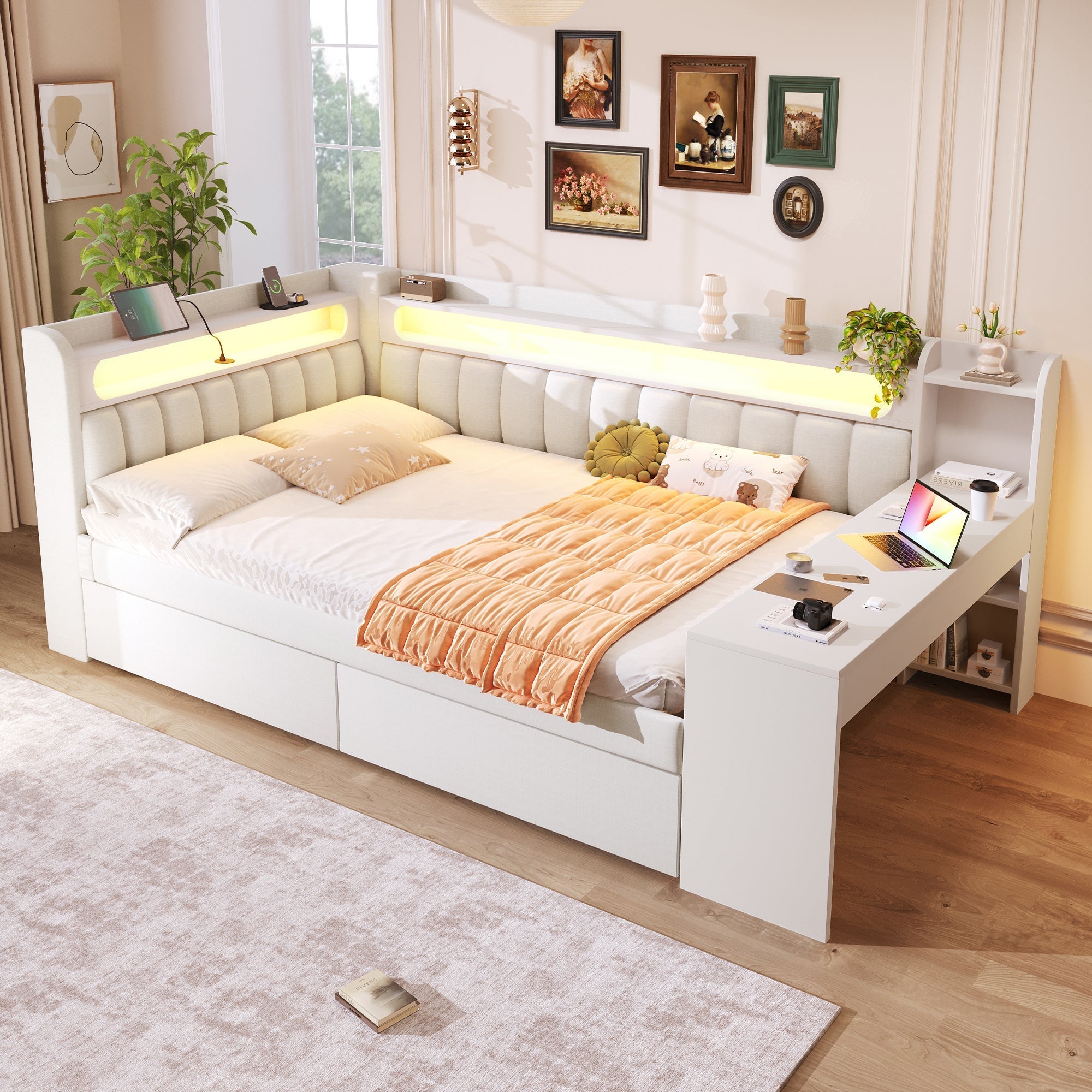Upholstered Daybed with USB, LED, Desk and 2 Drawers, 140x200cm, White
