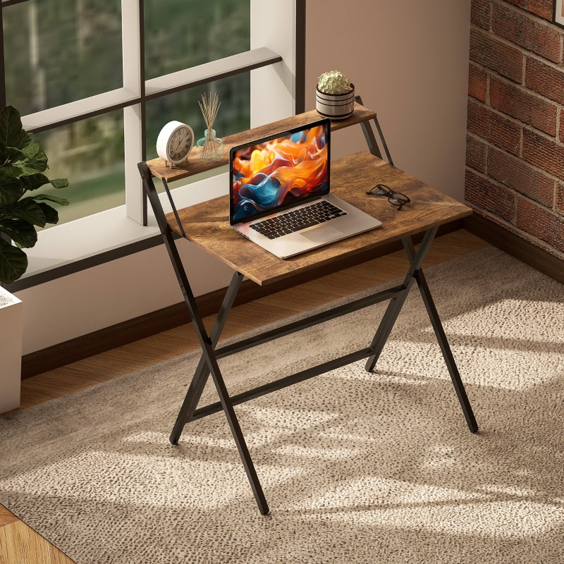 Folding Computer Desk, 81.5cm Monitor Shelf, Rustic Brown