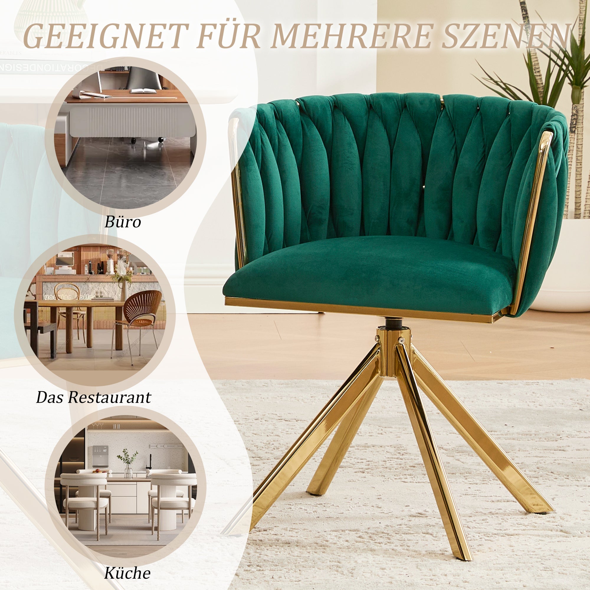 Velour Armchair, 180° Swivel, Ergonomic, Metal Frame