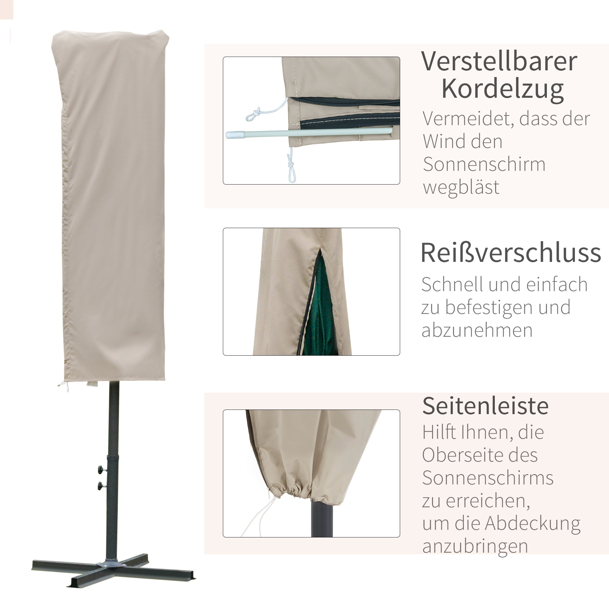 Parasol Protective Cover Weatherproof Windproof with Rope Closure for Cantilever Khaki