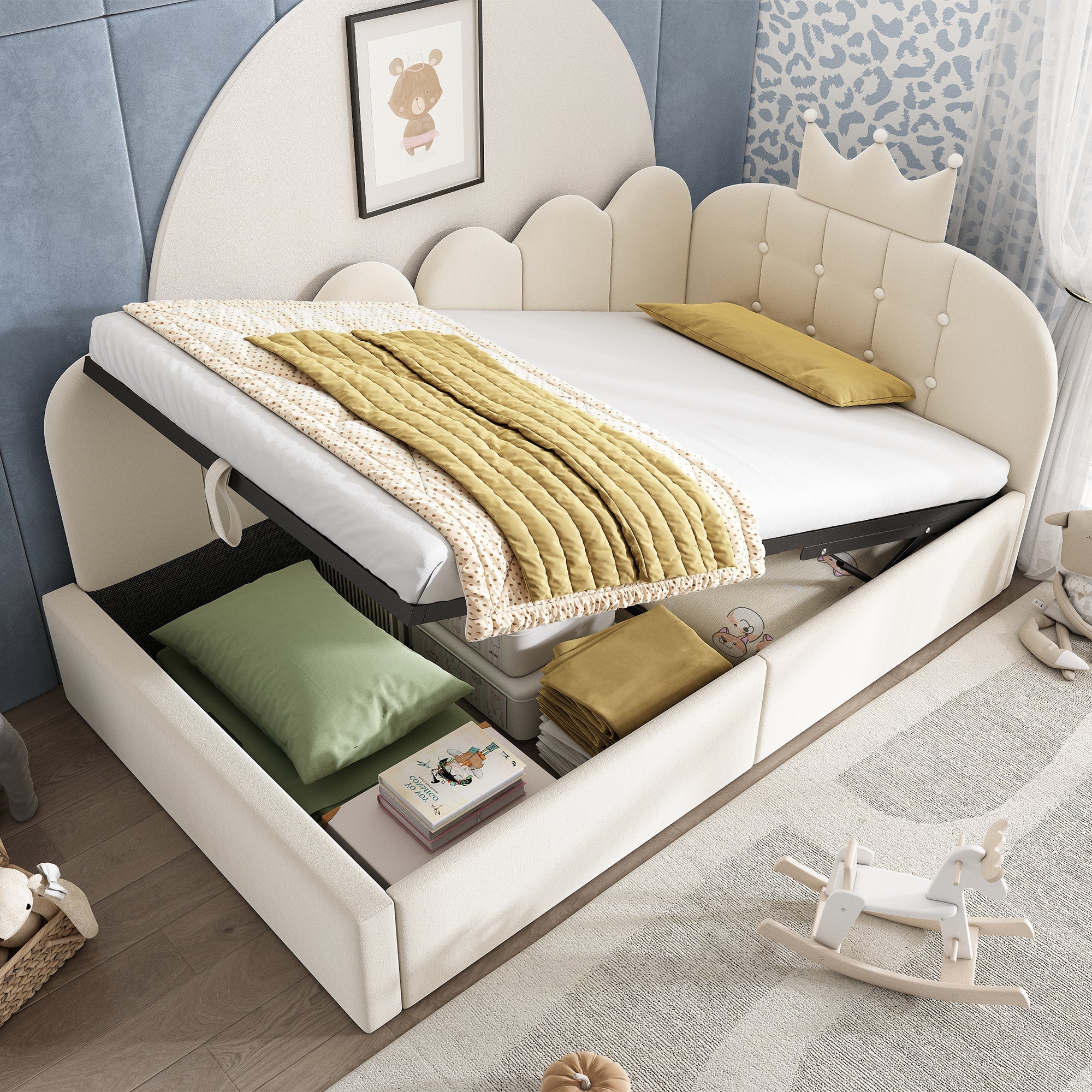 L-Shaped Upholstered Daybed with Hydraulic Storage and Crown-Lattice Design, 90x190cm, Beige Velvet