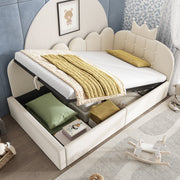 Upholstered Daybed with Hydraulic Storage and Crown-Lattice Design, 90x200cm, Beige Velvet