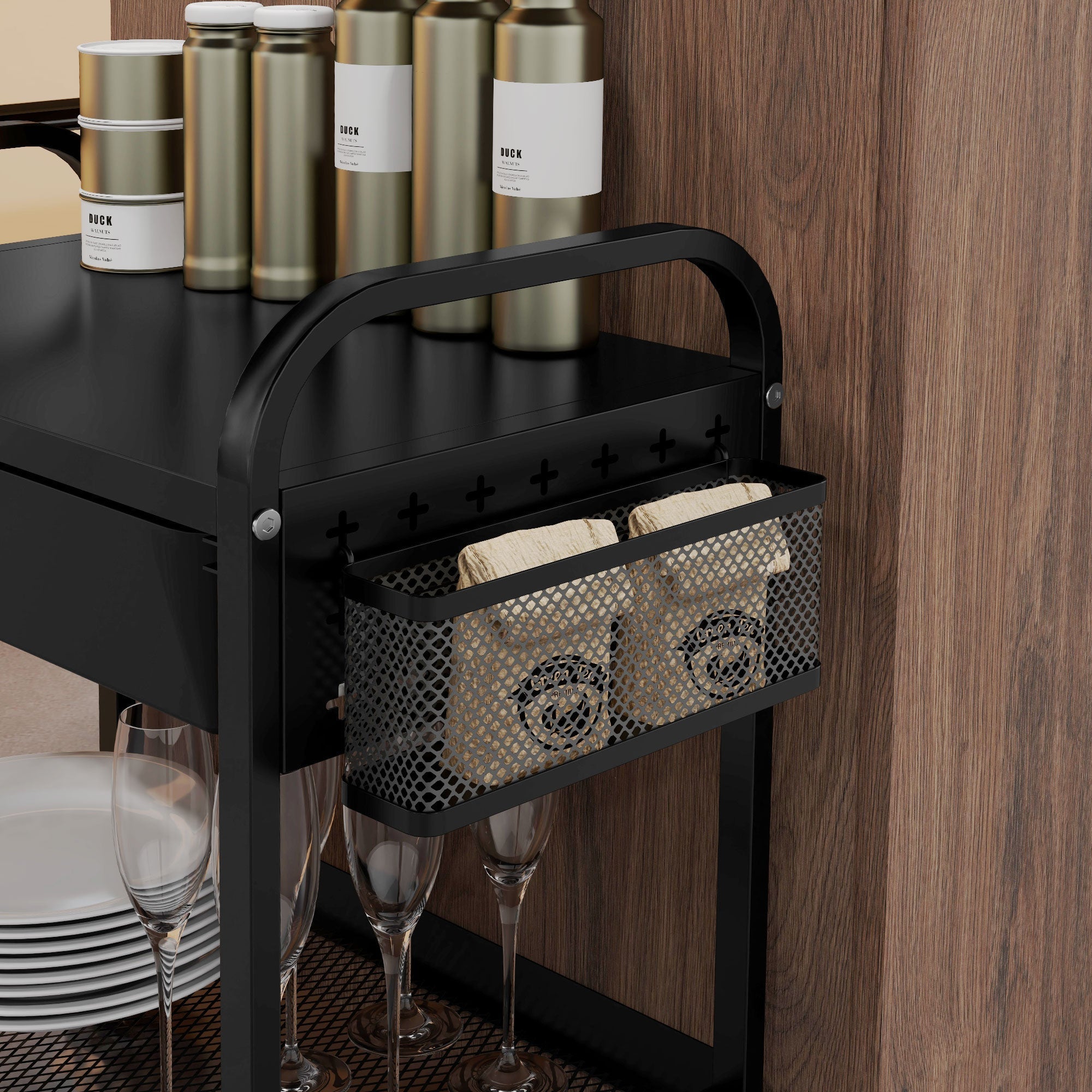 Rolling/Serving/Storage Trolley, 1 Drawer 1 Shelf with Hooks, Steel Black