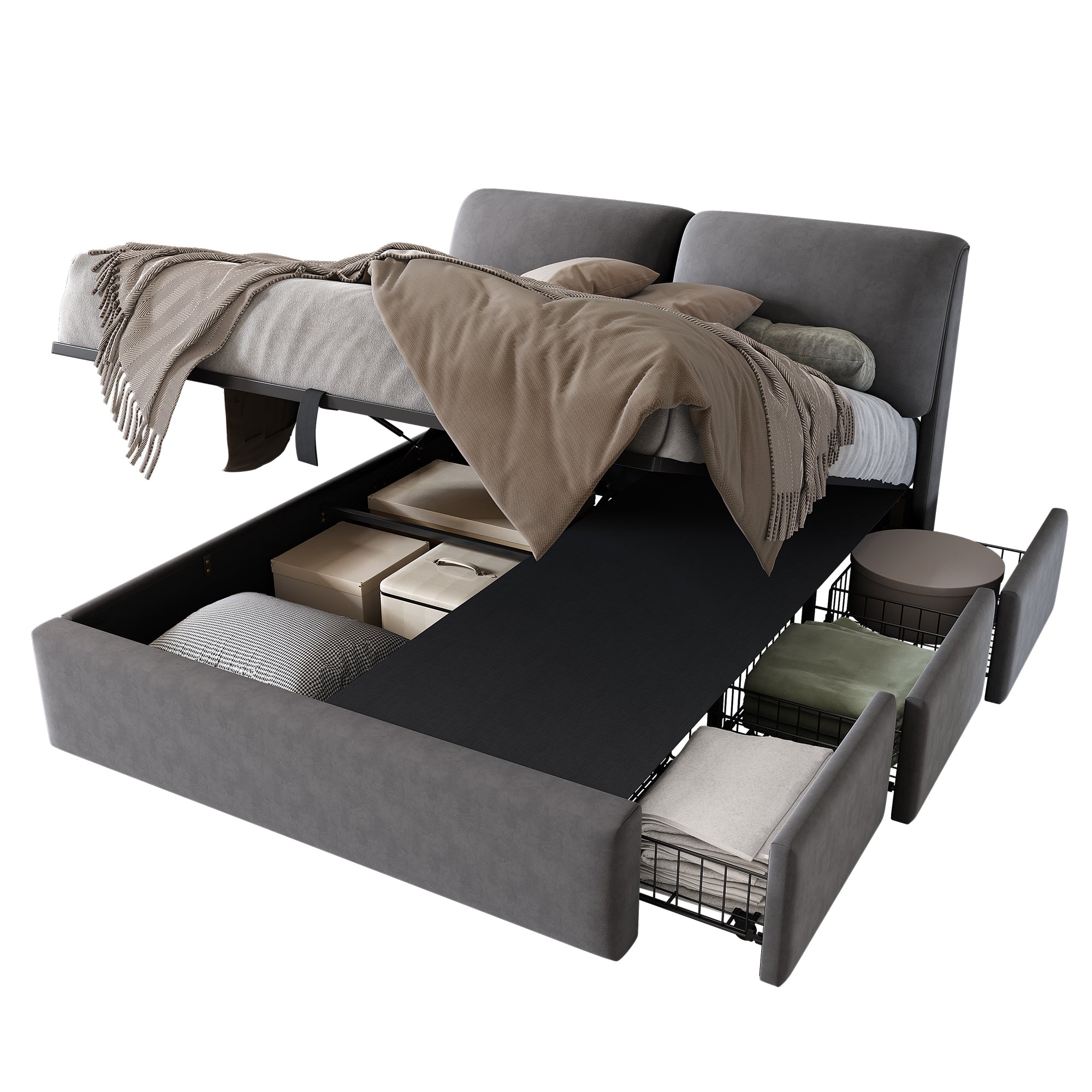 Upholstered Bed with Hydraulic Storage and 3 Drawers, 140x200cm, Grey Velvet