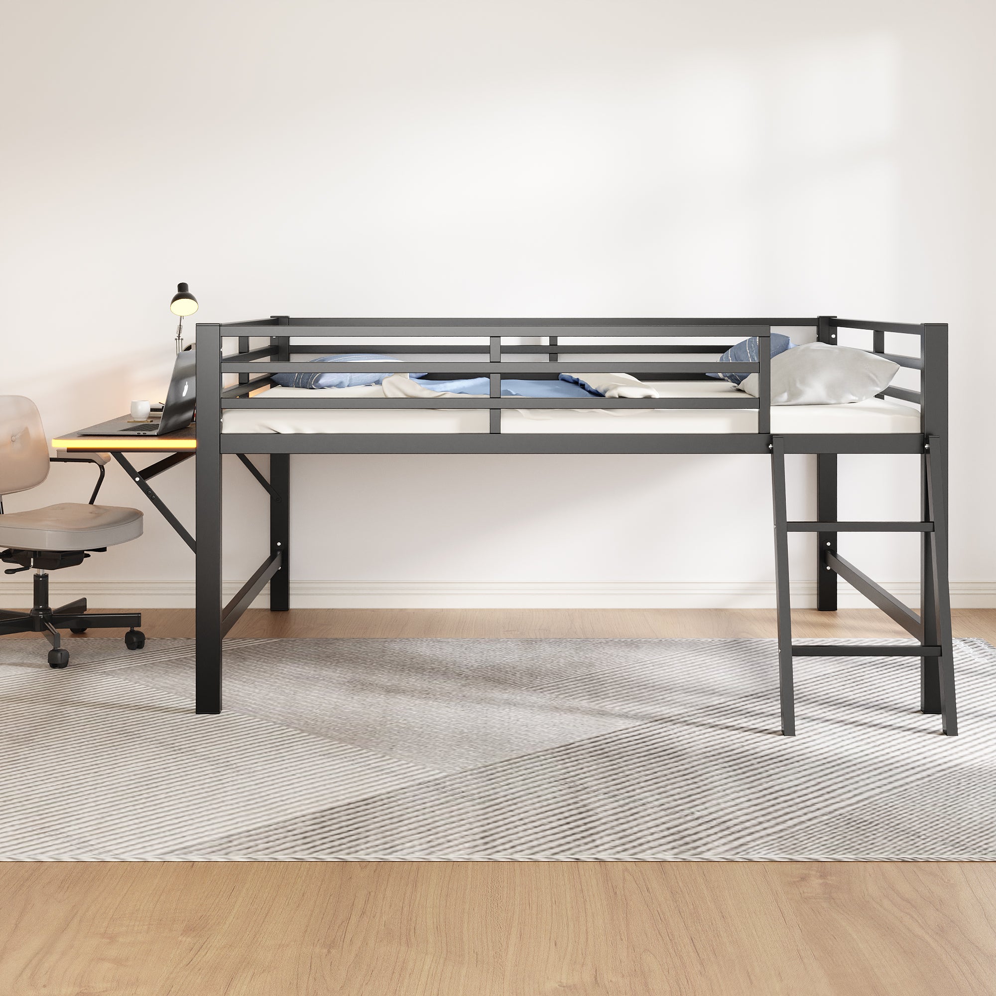 Flatbed Metal Bed 140x200cm Desk Ladder LED Light - Black