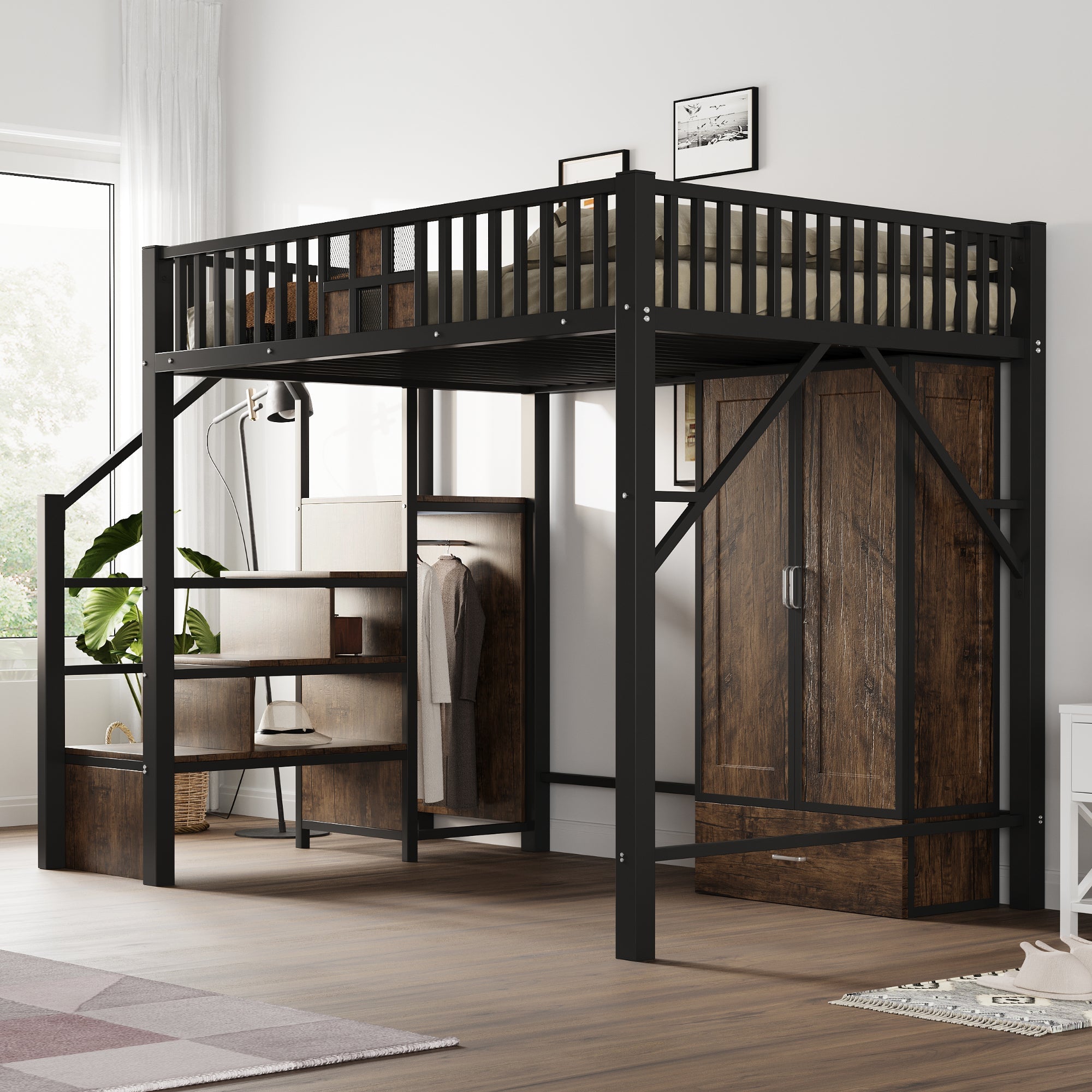Metal Loft Bed 140x200cm, Wardrobe, Drawers & Storage Ladder, Black Wood & Metal