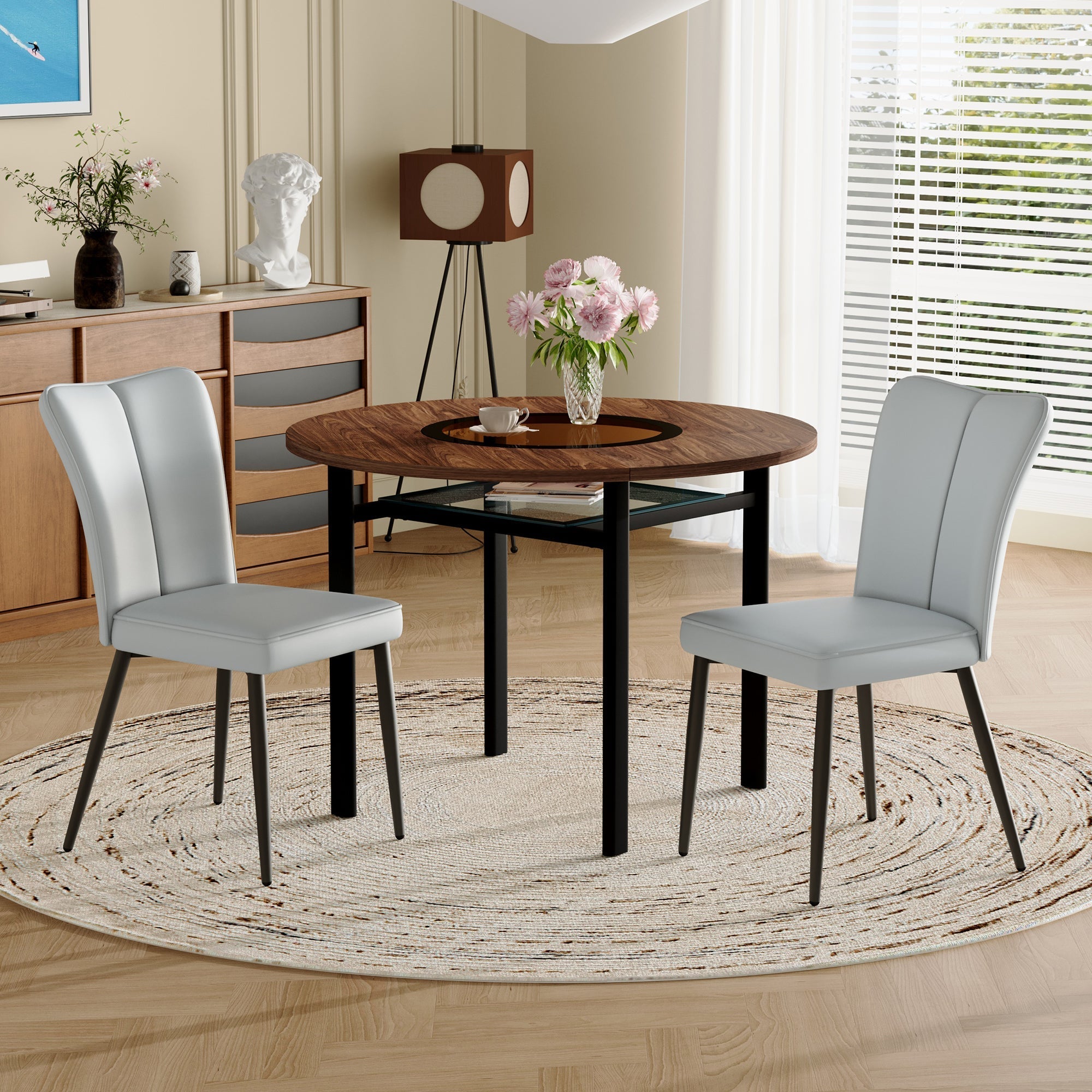 Round Dining Set 100cm Minimalist 2 PU Chairs - Light Grey/Wood Look