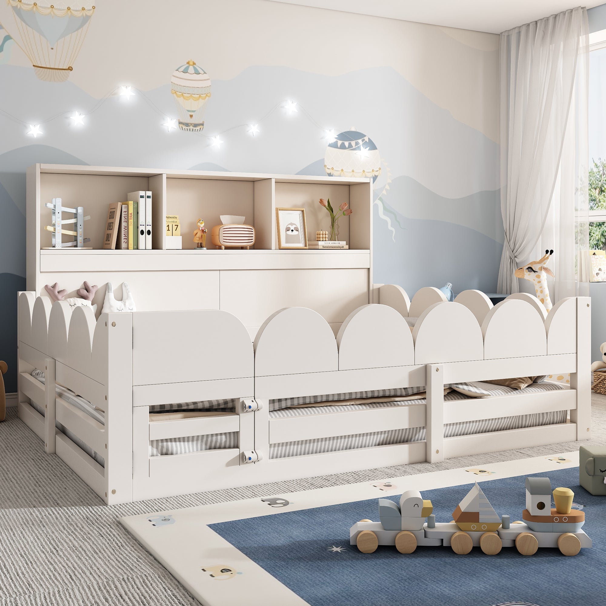 Children's Floor Bed with Fall Protection, Door, Slatted Base and Shelf, 140x200cm, White Wood