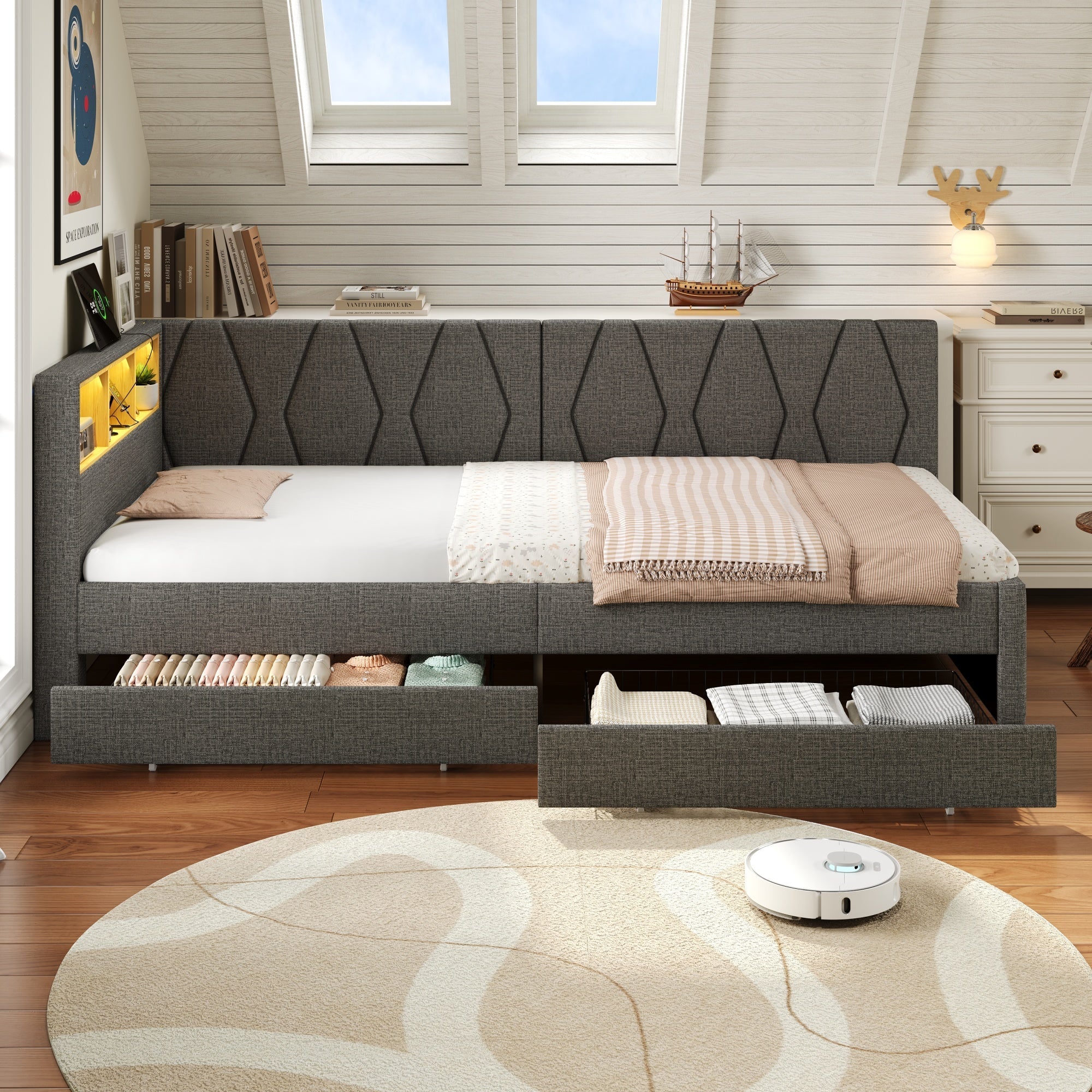 3ft Single Daybed with Two Storage Drawers, LED Modern Bed frame with Charging Station, Linen Sofa Bed, Grey