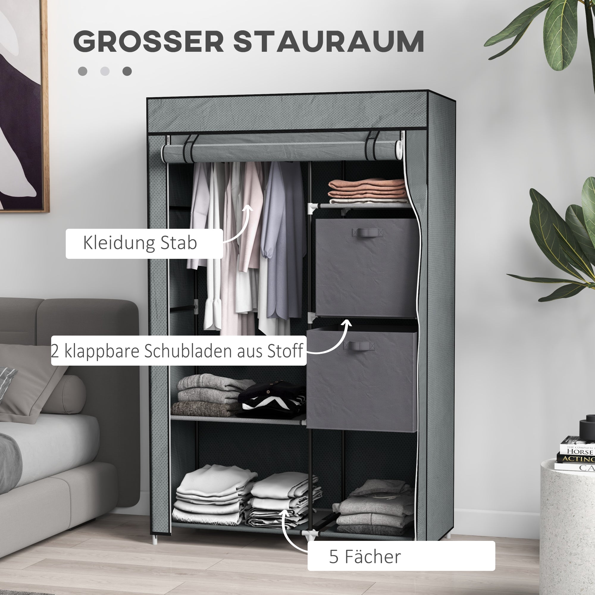 Stoffkleiderschrank, faltbar mit Schubladen und Kleiderstange, dunkelgraues Vlies
