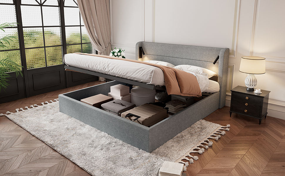 Upholstered Double Storage Bed with Mood Lighting, 160x200cm, Grey Chenille