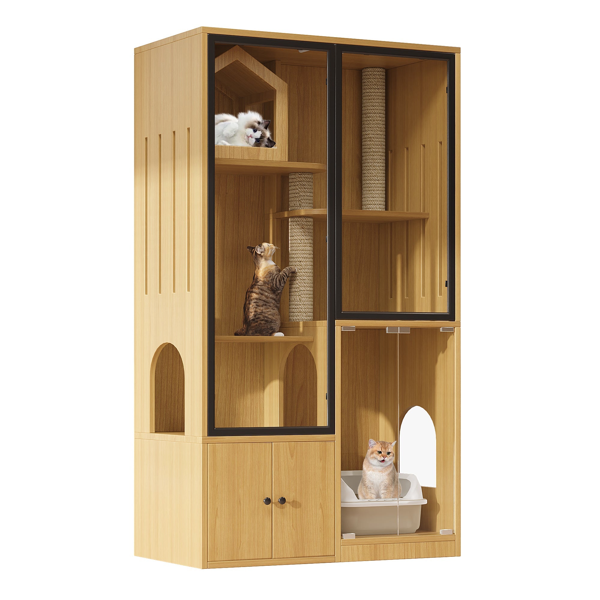 Cat House 4-Story Glass 90x50x160cm with Scratching Post - Yellow Maple Wood