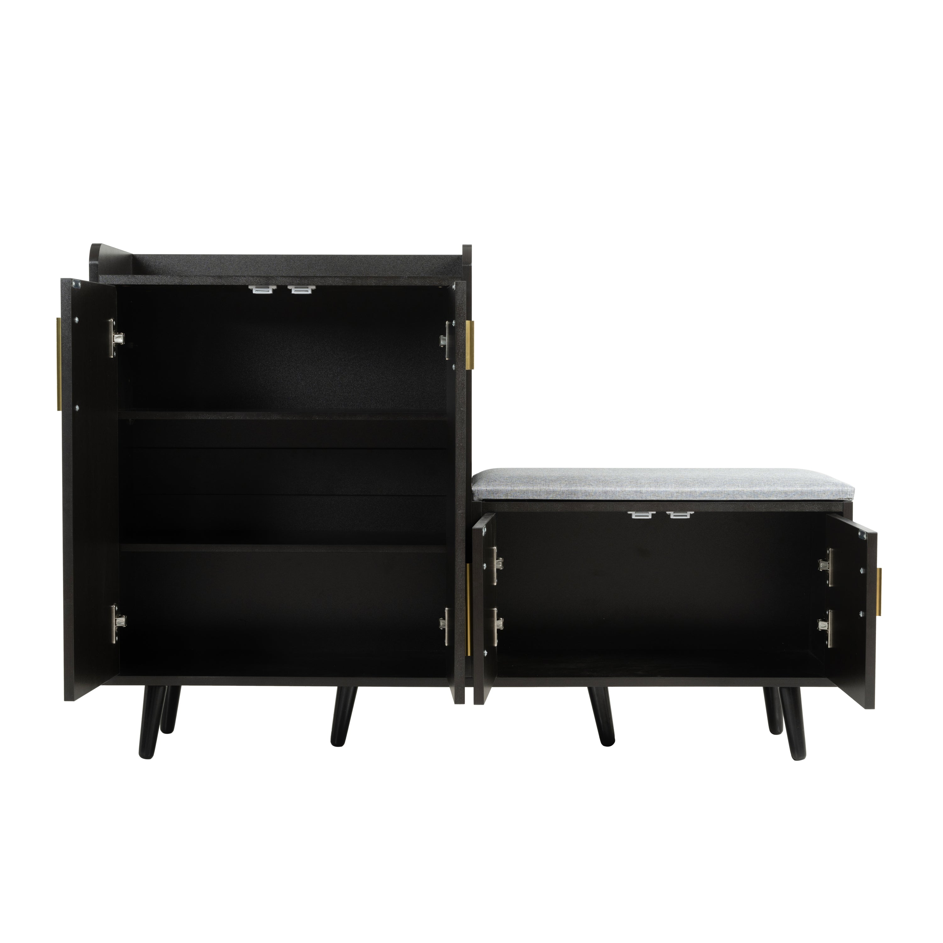 Modern Shoe Bench, Shoe Cabinet with Four Storage Doors, Black Walnut Wood