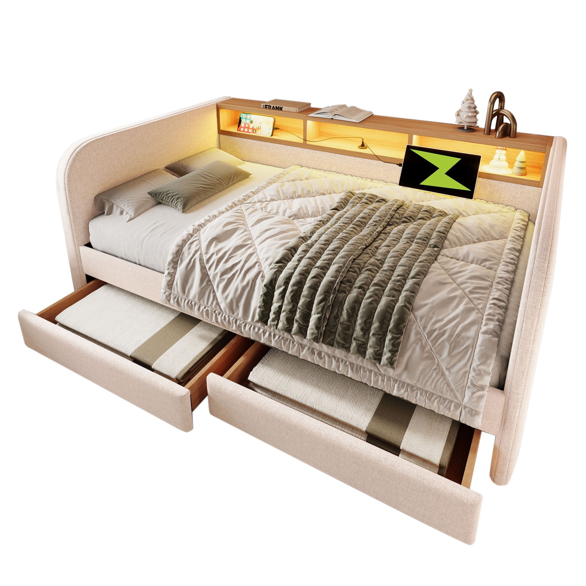 Daybed, 140x190 cm Upholstered Sofa Bed with LED, USB-C, Drawers & Storage Headboard, Light Beige Linen