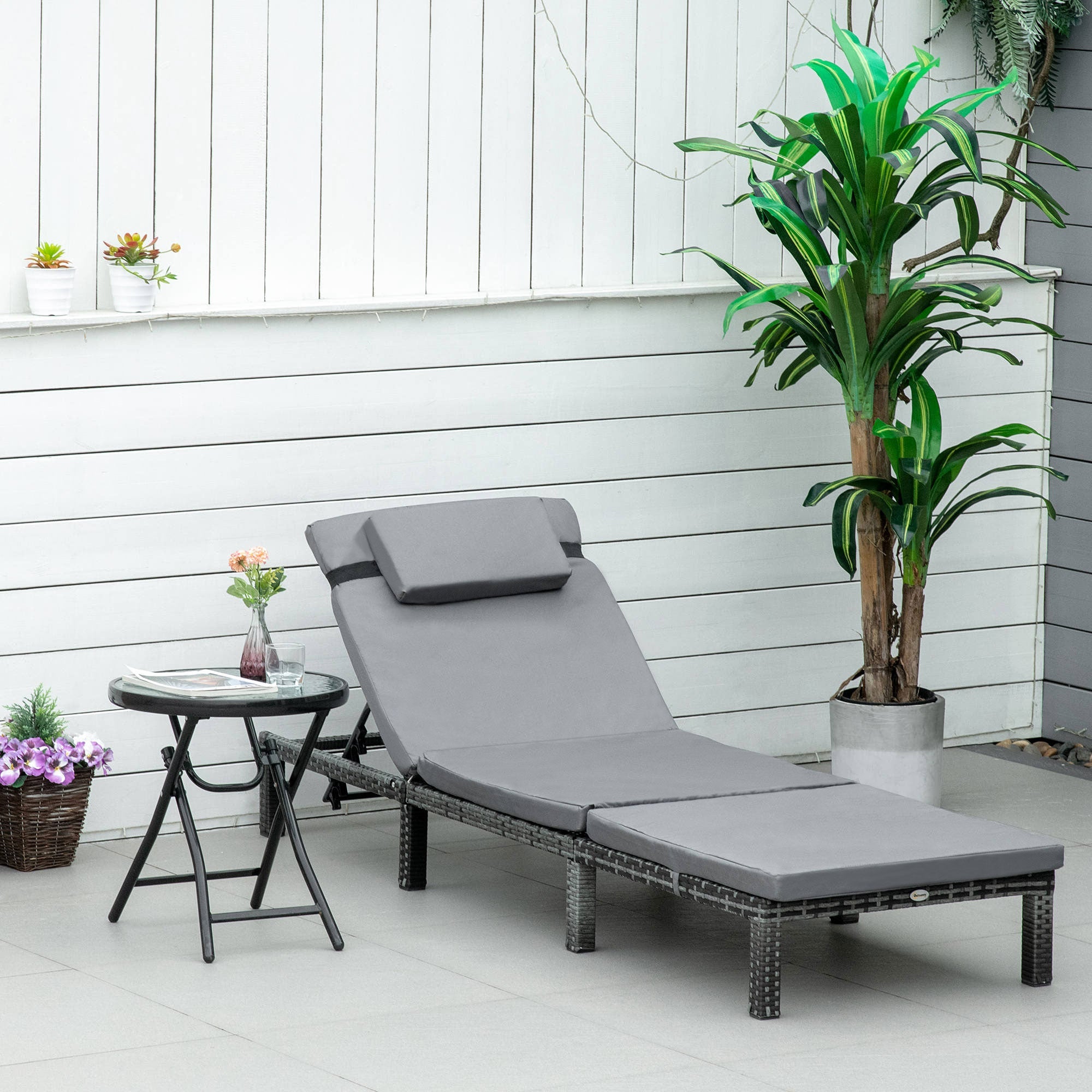 Rattan Sun Lounger, 5-Level Adjustable Recliner with Cushion, Dark Grey