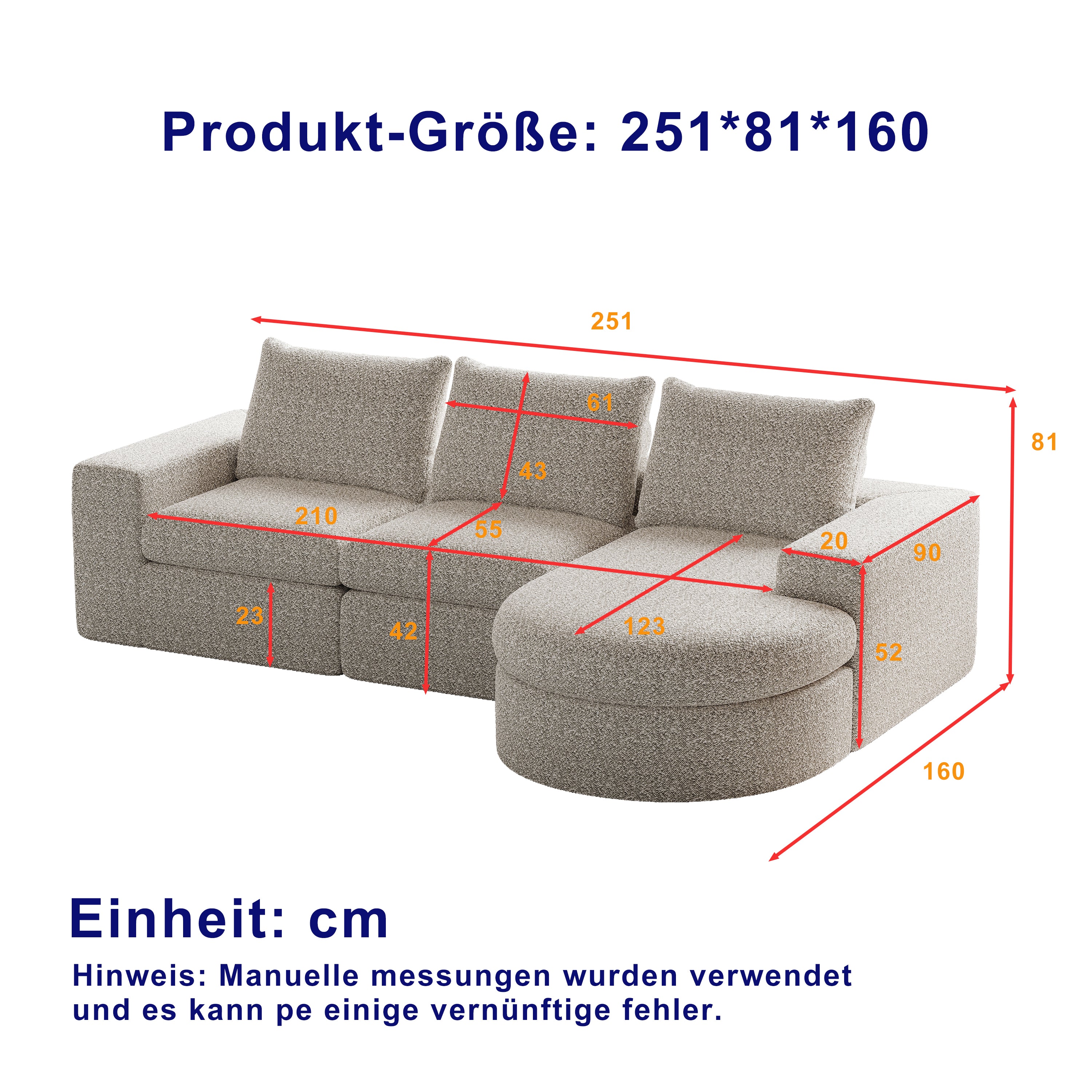 Chenille Sofa with Curved Elements, Lounge Chair, Modular L-Lounger, Foam