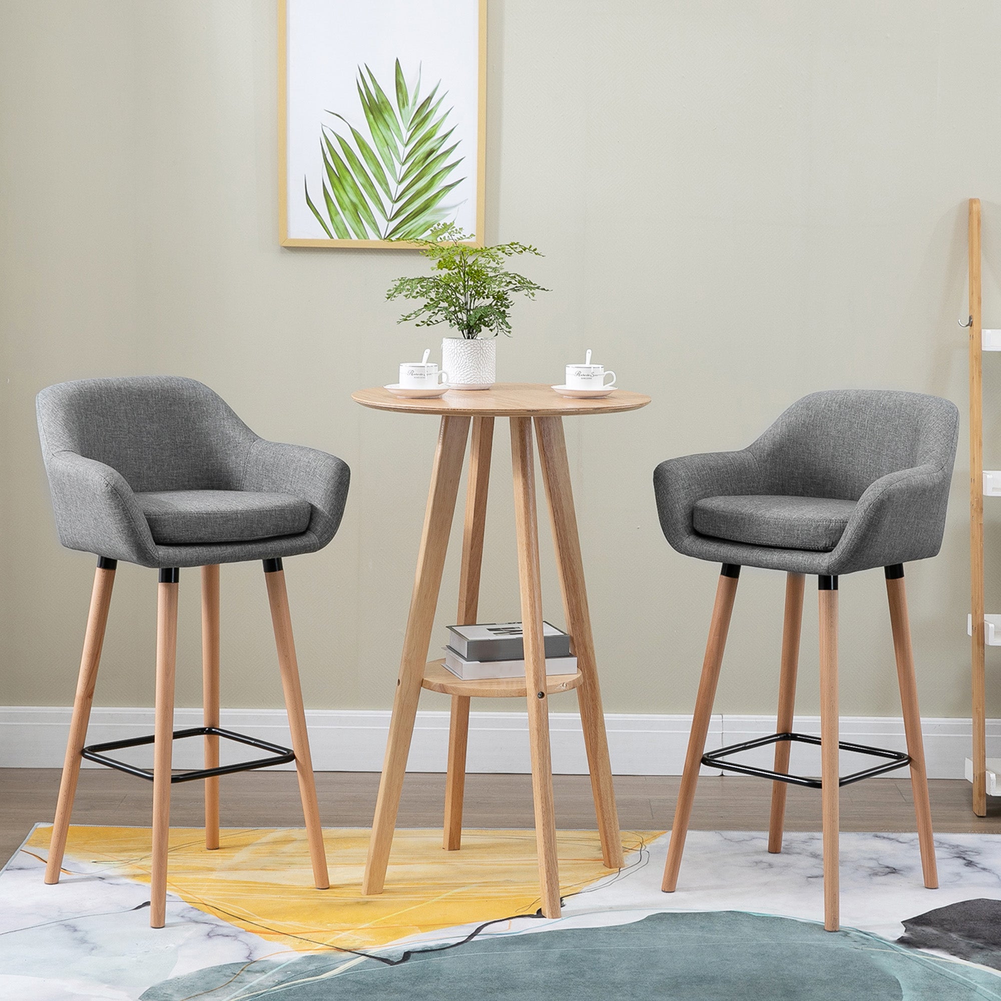 Set of 2 Bar Stools Modern Upholstered Seat Bar Chairs, Metal Frame, Solid Wood Legs, Grey Fabric