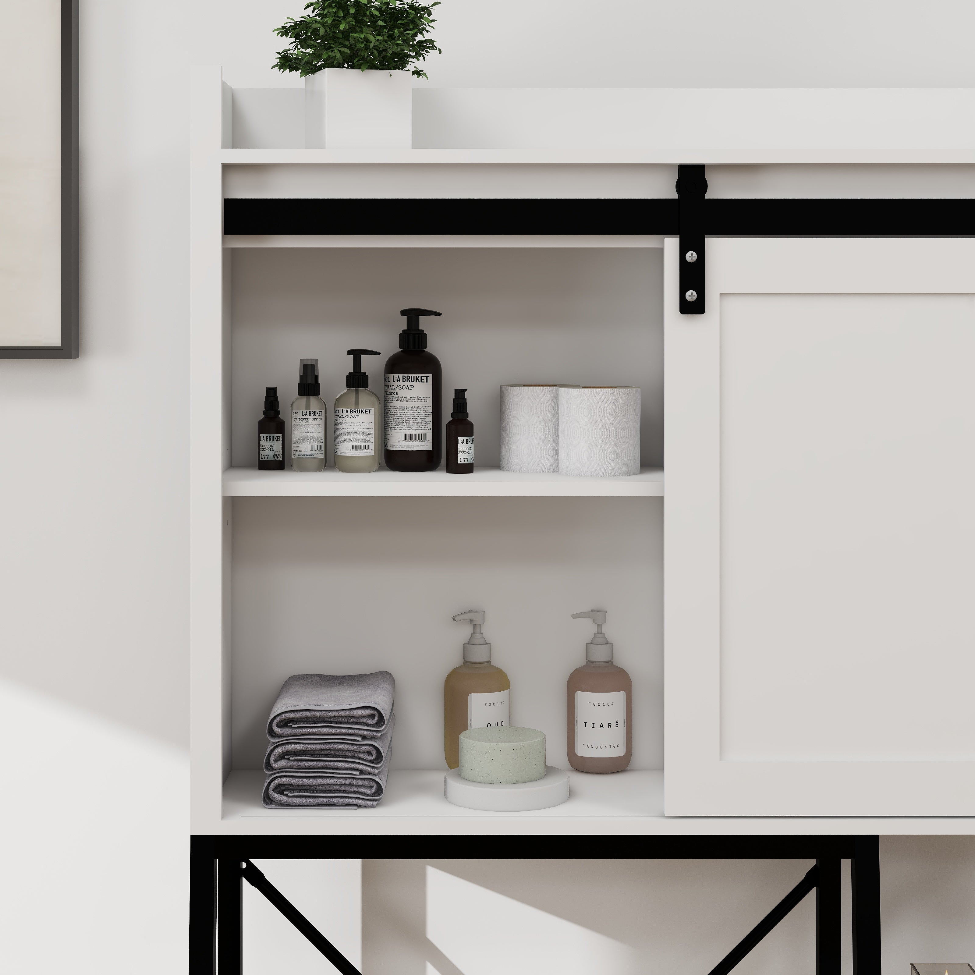 Toilettenschrank mit verschiebbarer Scheunentor & verstellbaren Regalböden – Weiß