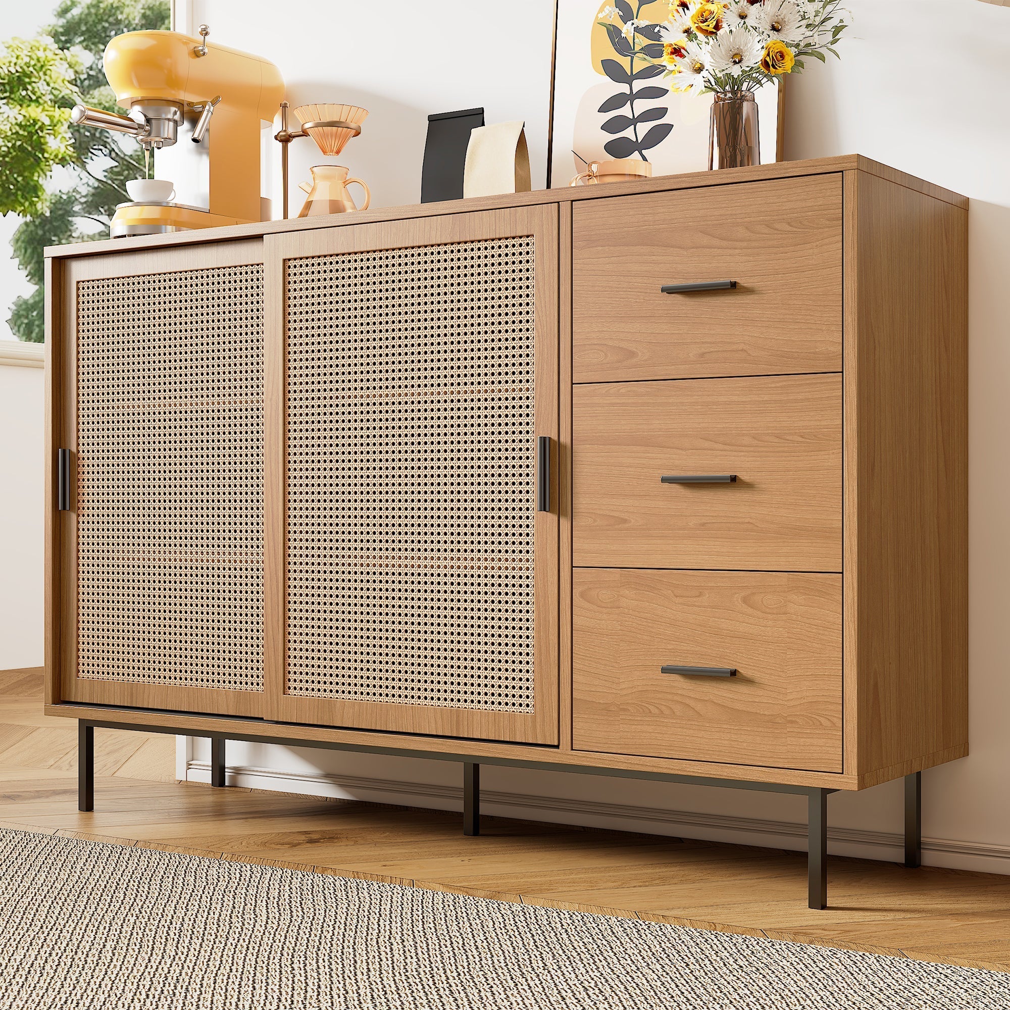 Country-style sideboard with two sliding doors and three drawers, adjustable shelves, in wood.