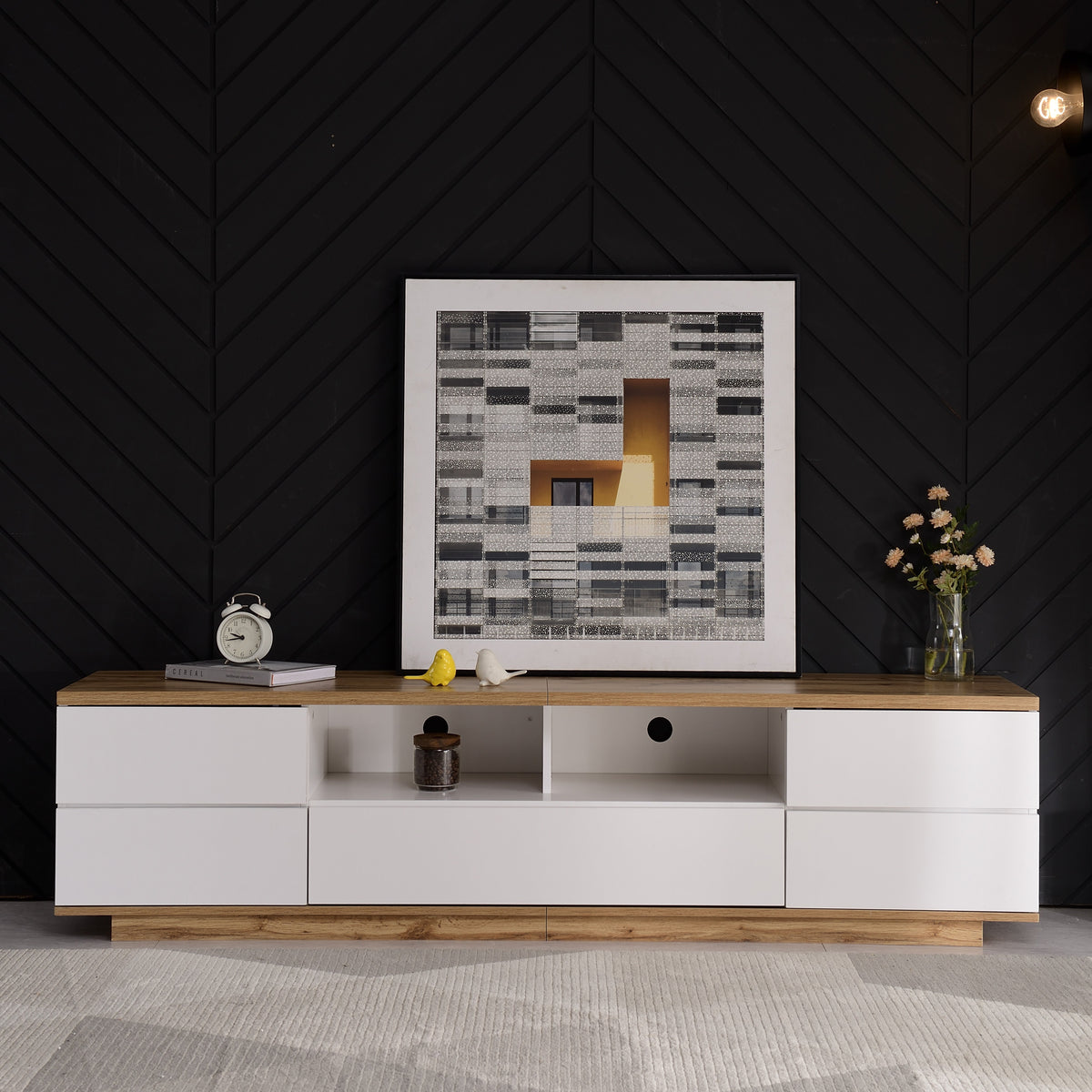TV Cabinet Modern Color-Block 180cm Wood Grain Finish White