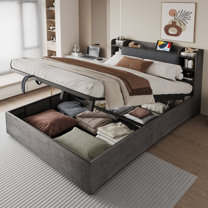 Hydraulic Bed with Storage Headboard and USB Charging, 180x200cm, Grey Wood