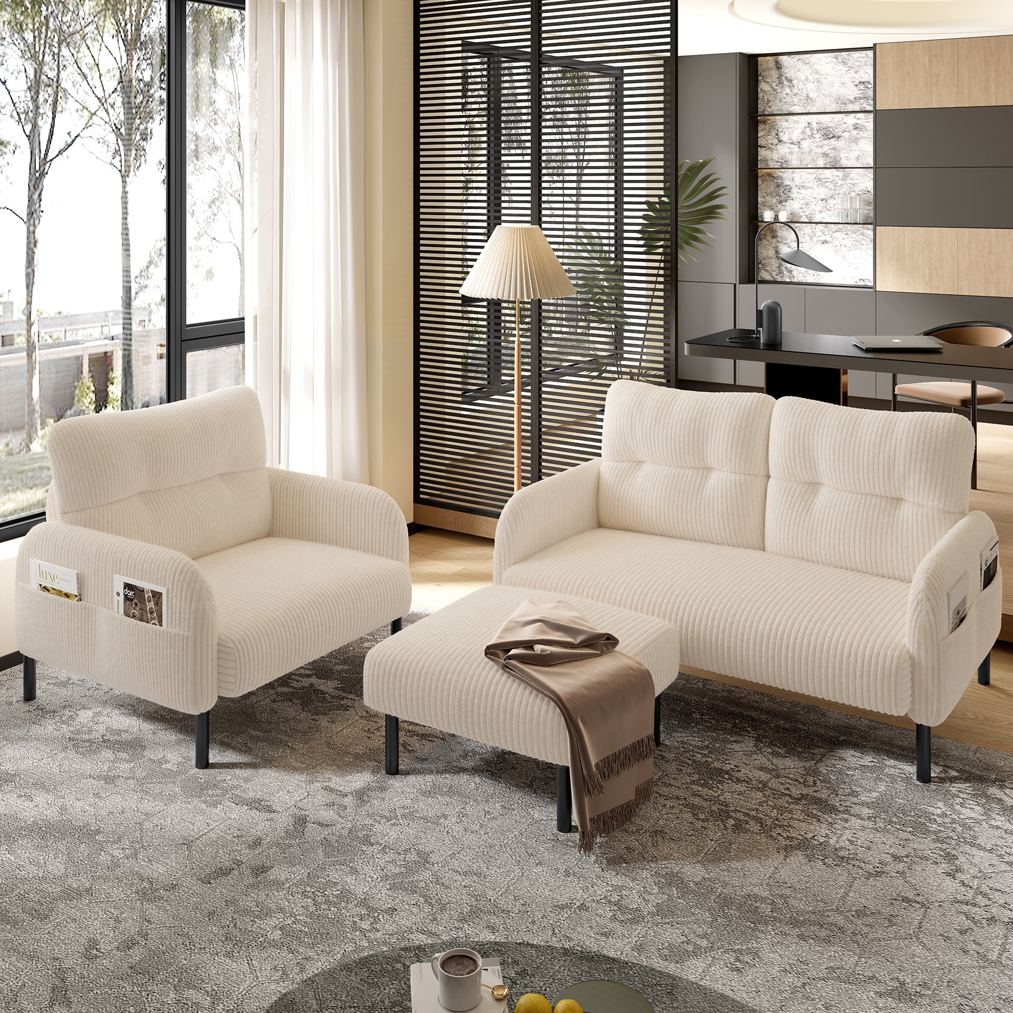 Cord 3-Piece Set Armchair Footstool 2-Seater Sofa Modular Deep Seat, Beige