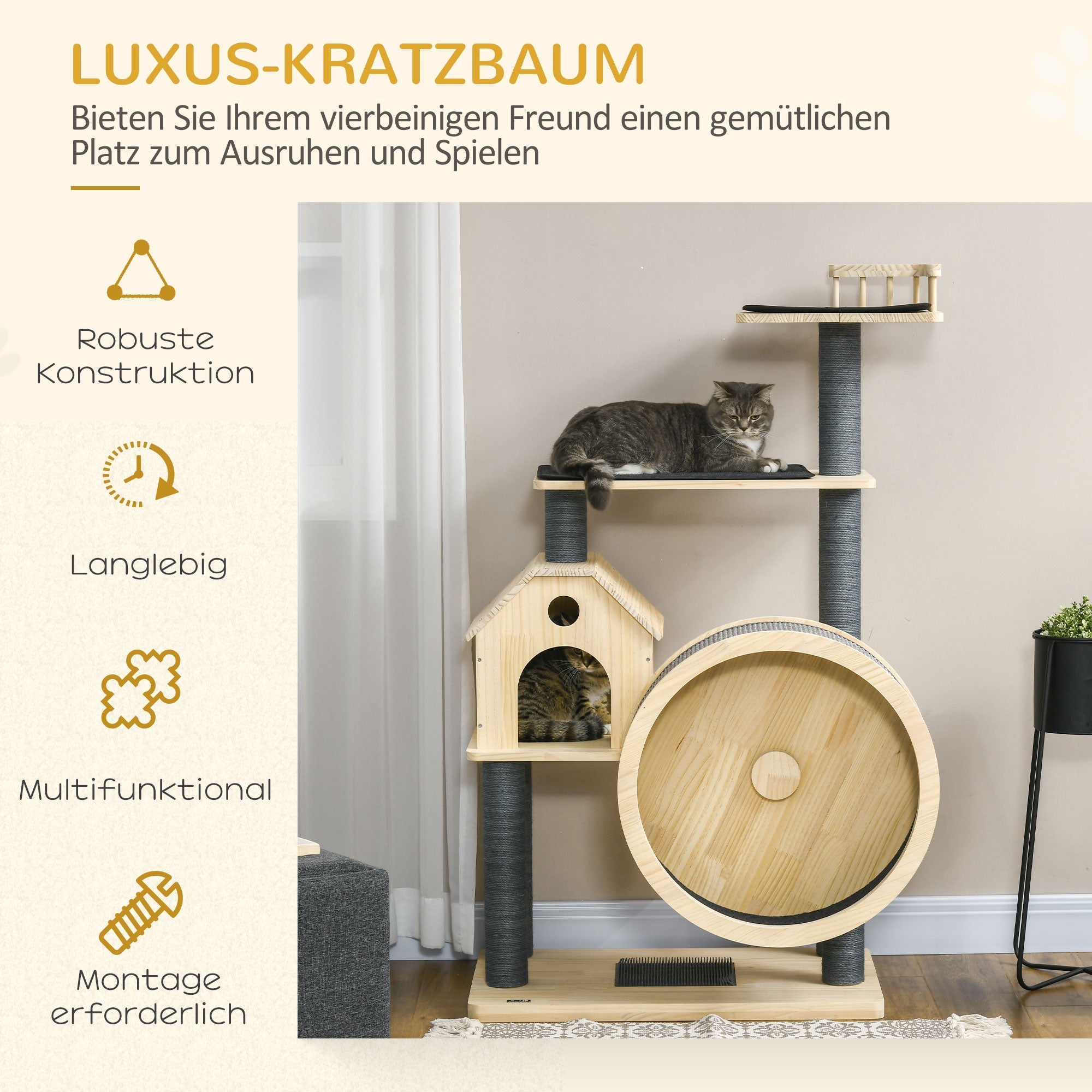Cat Tree with Exercise Wheel 4 Levels Sisal Posts, Pine Wood